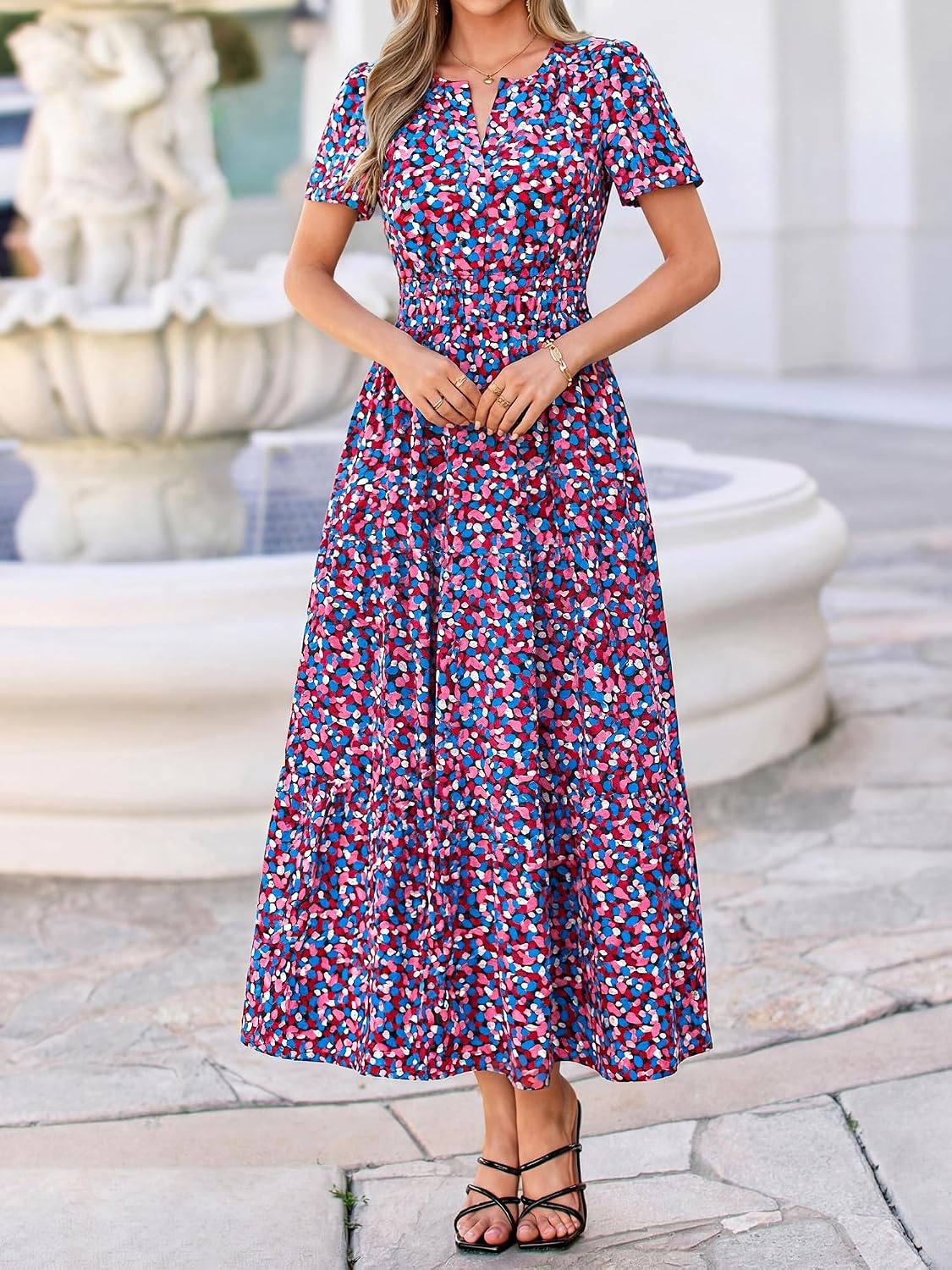 image:imageBTFBM Summer Maxi Dresses for Women 2026 Floral V Neck Short Sleeve DressFloral Red Blue