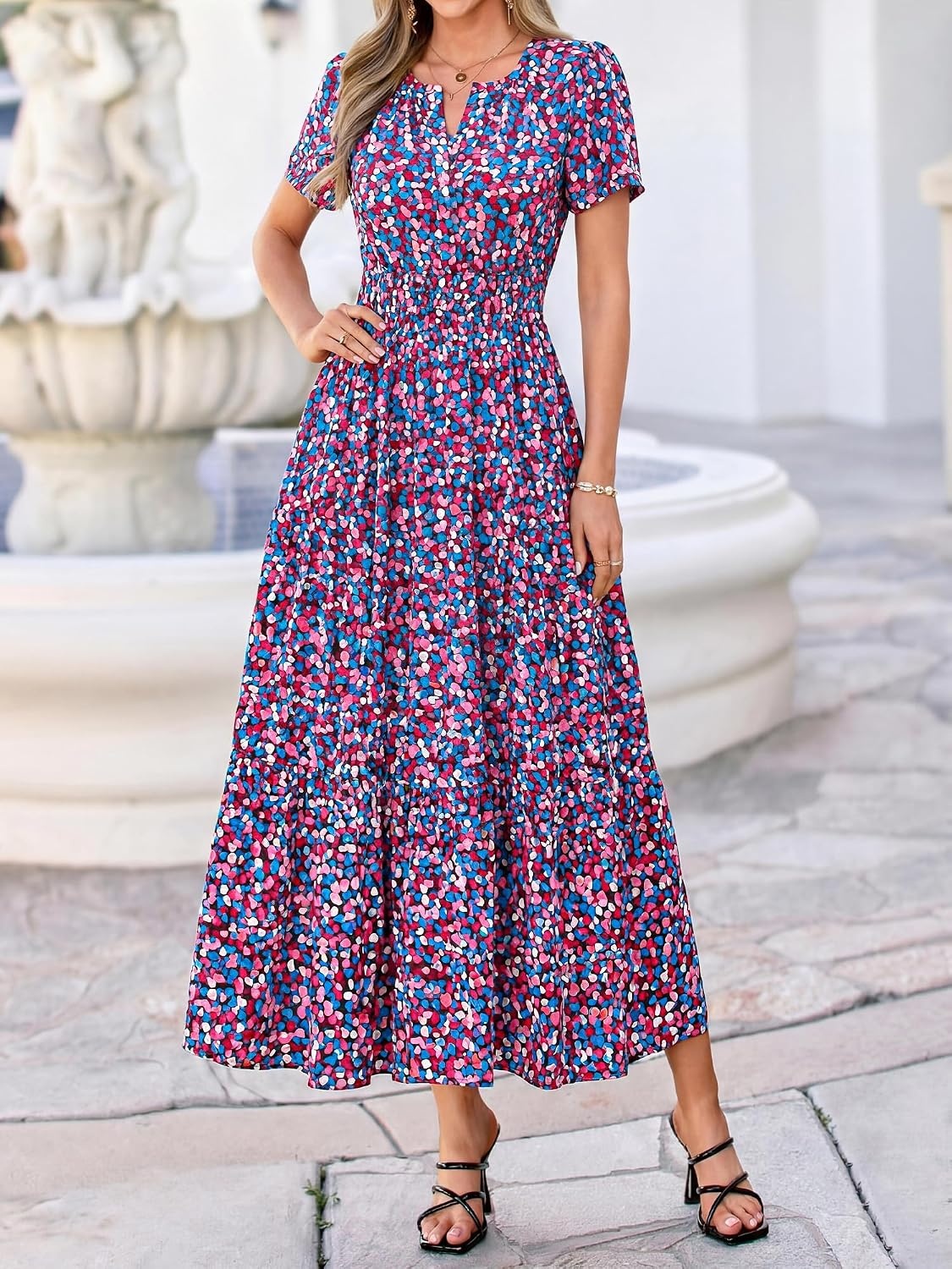 image:imageBTFBM Summer Maxi Dresses for Women 2026 Floral V Neck Short Sleeve DressFloral Red Blue