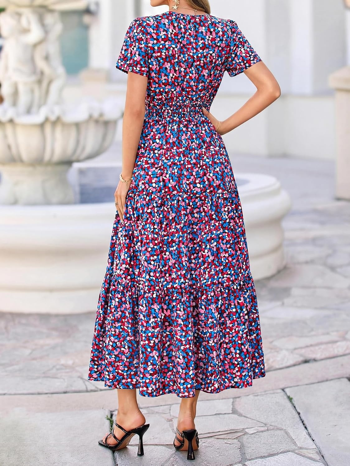 image:imageBTFBM Summer Maxi Dresses for Women 2026 Floral V Neck Short Sleeve DressFloral Red Blue