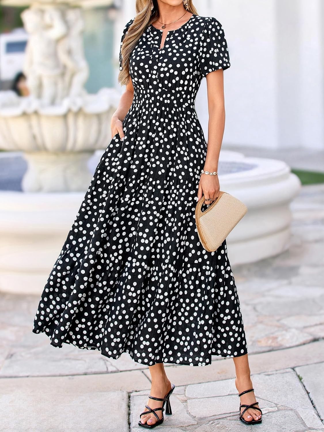 image:imageBTFBM Summer Maxi Dresses for Women 2026 Floral V Neck Short Sleeve DressPolka Dot Black White