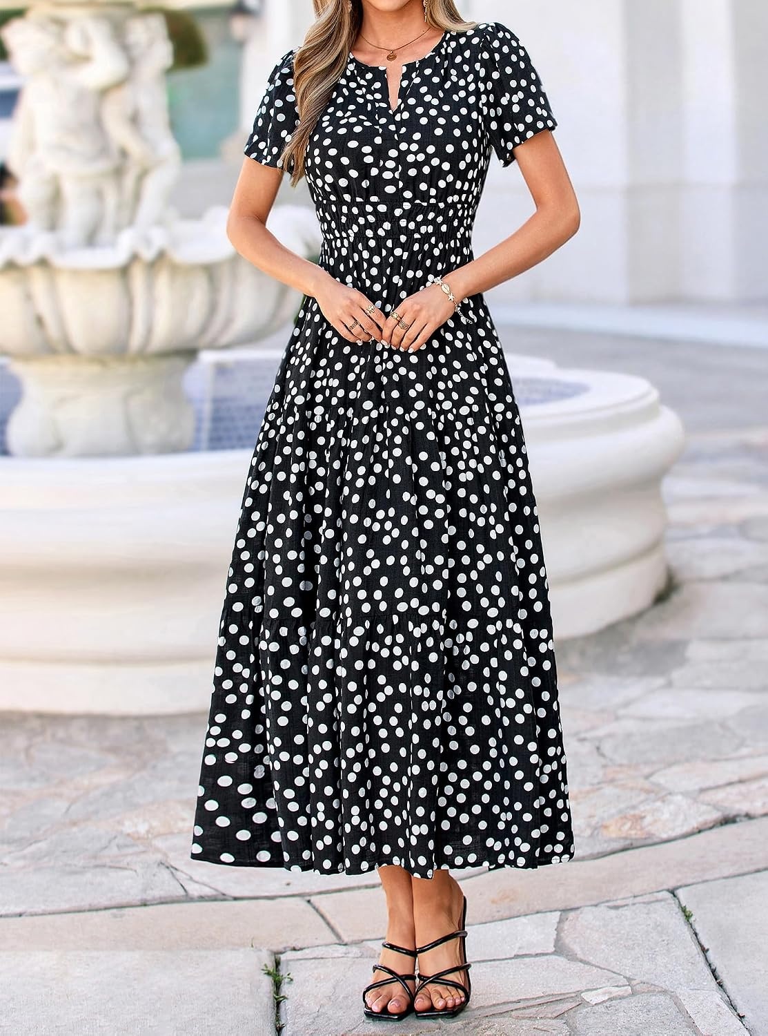 image:imageBTFBM Summer Maxi Dresses for Women 2026 Floral V Neck Short Sleeve DressPolka Dot Black White