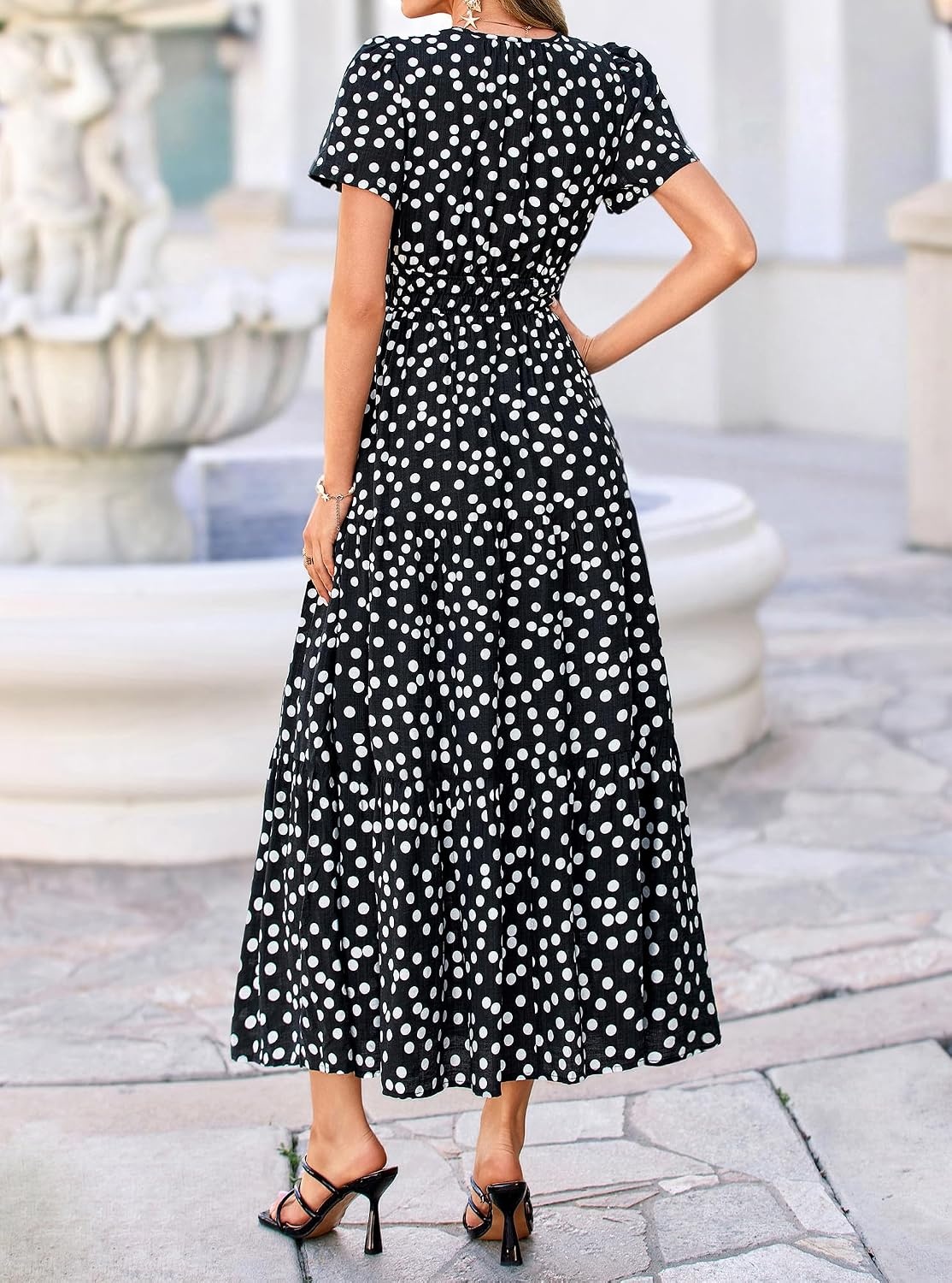 image:imageBTFBM Summer Maxi Dresses for Women 2026 Floral V Neck Short Sleeve DressPolka Dot Black White
