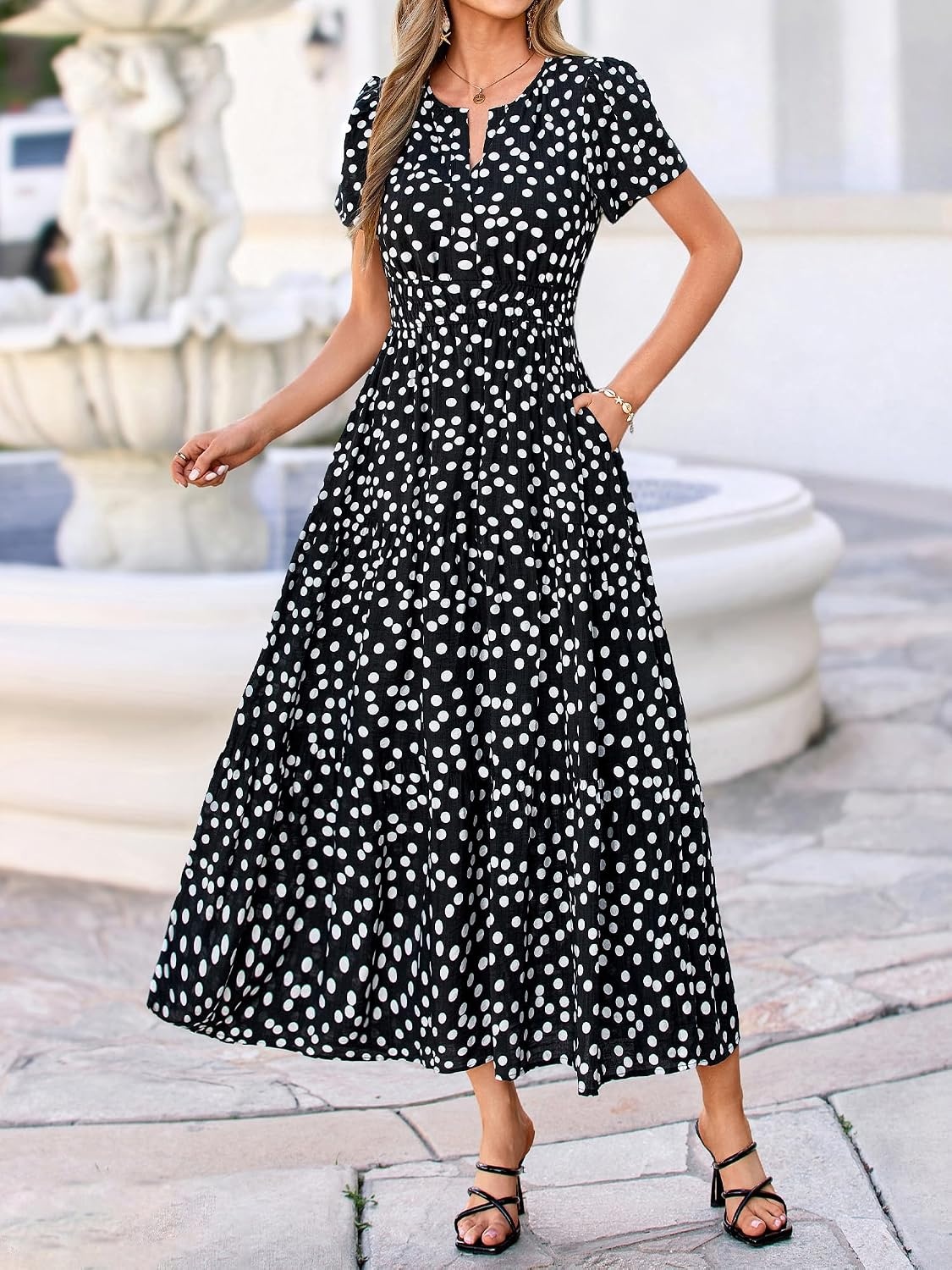 image:imageBTFBM Summer Maxi Dresses for Women 2026 Floral V Neck Short Sleeve DressPolka Dot Black White