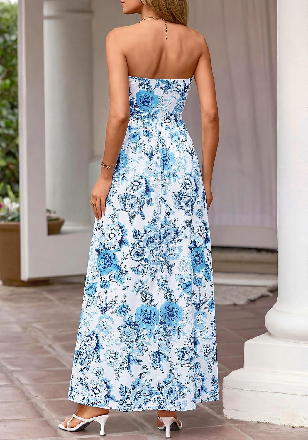 image:imageBTFBM Summer Maxi Dresses for Women 2026 Strapless Tube Top Floral Spring Wedding Guest Dress Beach Vacation OutfitsWhite Blue Flower