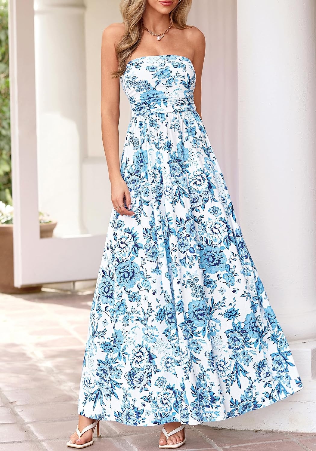 image:imageBTFBM Summer Maxi Dresses for Women 2026 Strapless Tube Top Floral Spring Wedding Guest Dress Beach Vacation OutfitsWhite Blue Flower