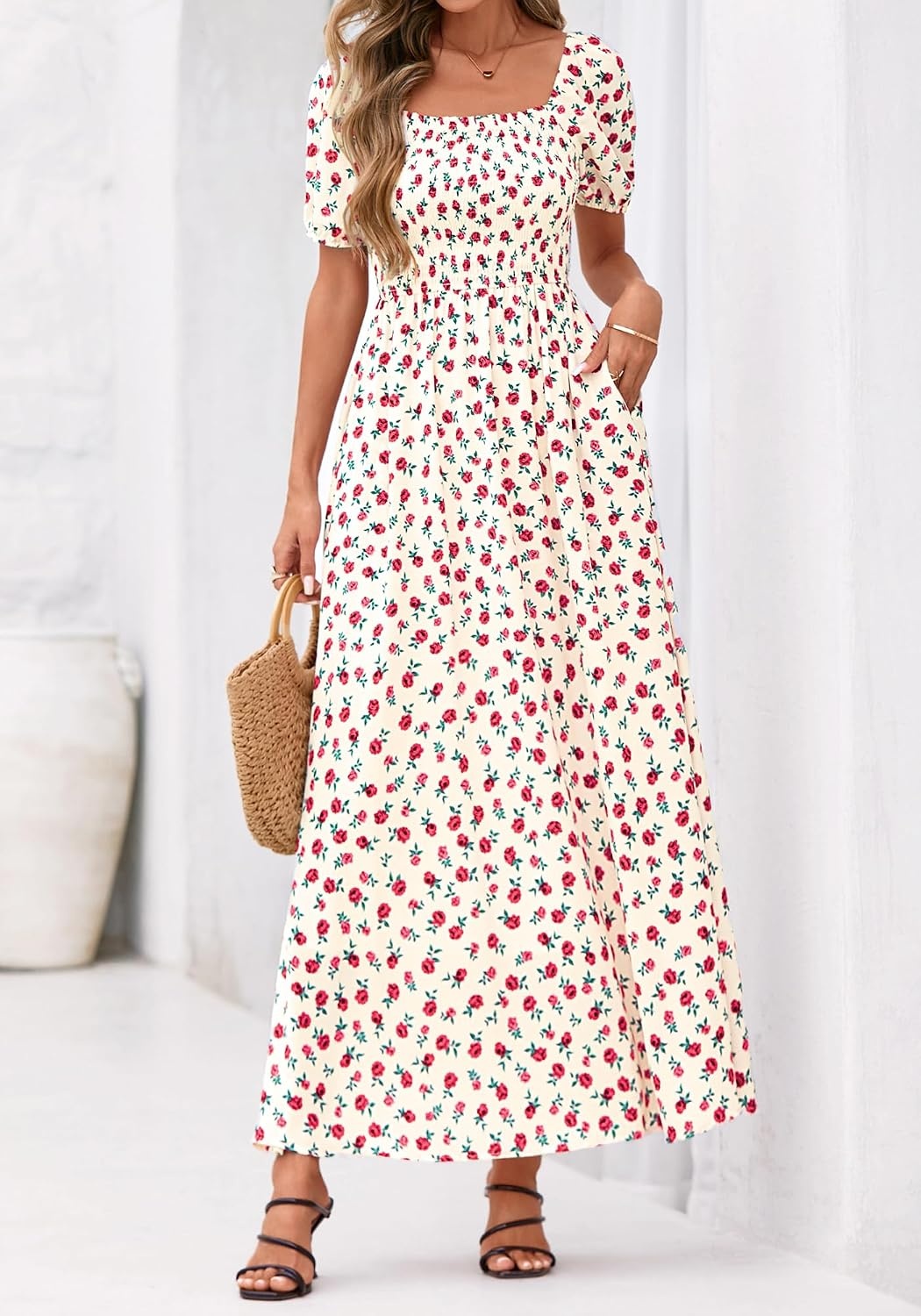 image:imageBTFBM Summer Maxi Dresses for Women Wedding Guest Spring Floral Boho Short Sleeve Smocked Beach Graduation Dress 2026Floral Apricot Rose Red