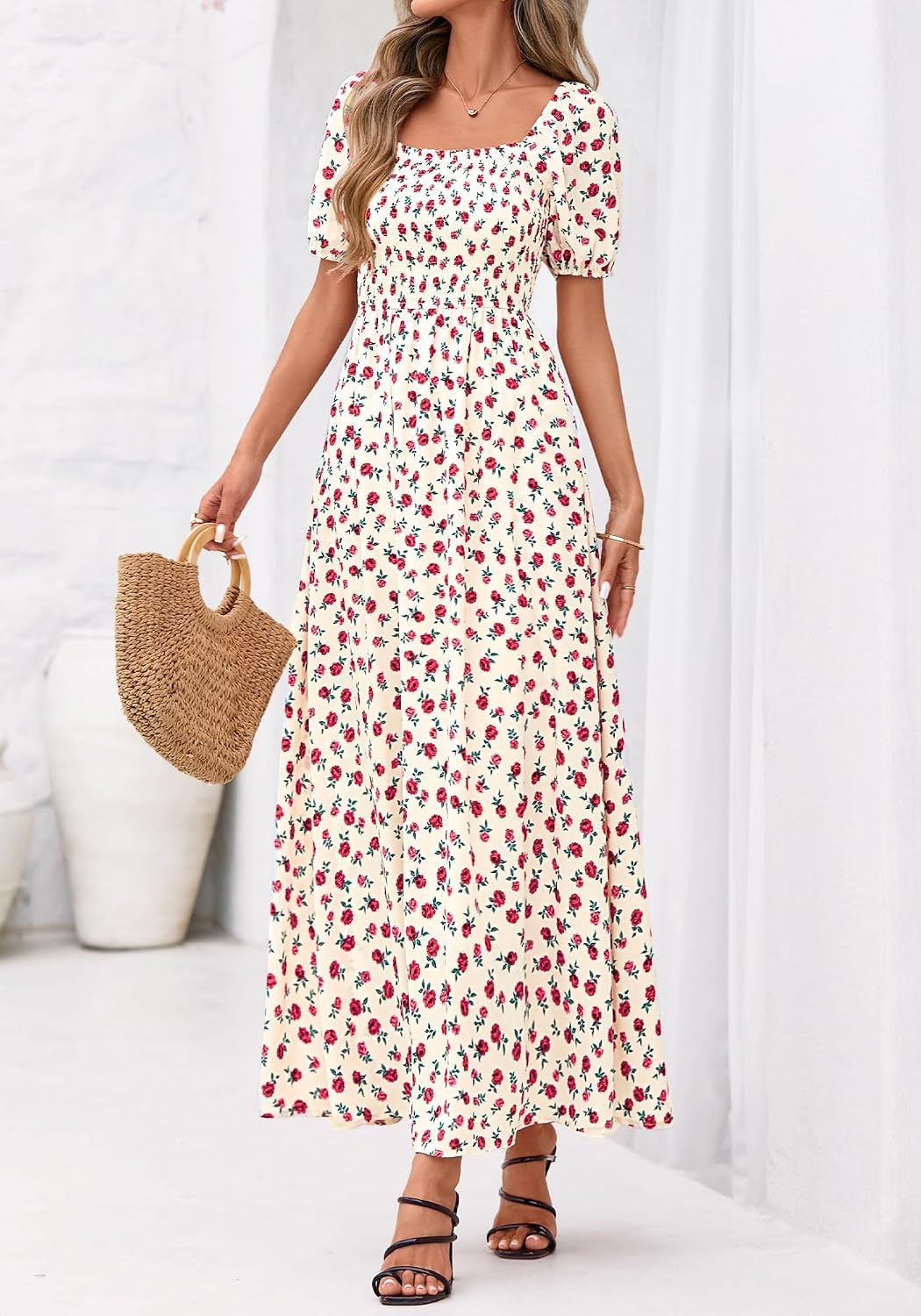 image:imageBTFBM Summer Maxi Dresses for Women Wedding Guest Spring Floral Boho Short Sleeve Smocked Beach Graduation Dress 2026Floral Apricot Rose Red