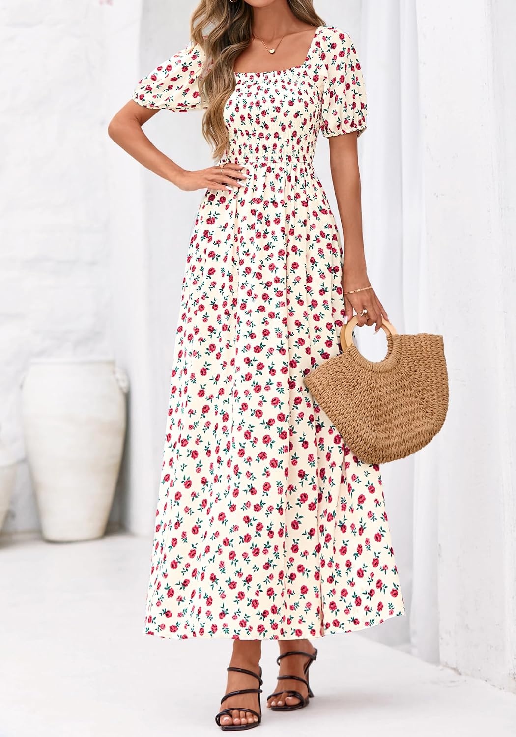 image:imageBTFBM Summer Maxi Dresses for Women Wedding Guest Spring Floral Boho Short Sleeve Smocked Beach Graduation Dress 2026Floral Apricot Rose Red