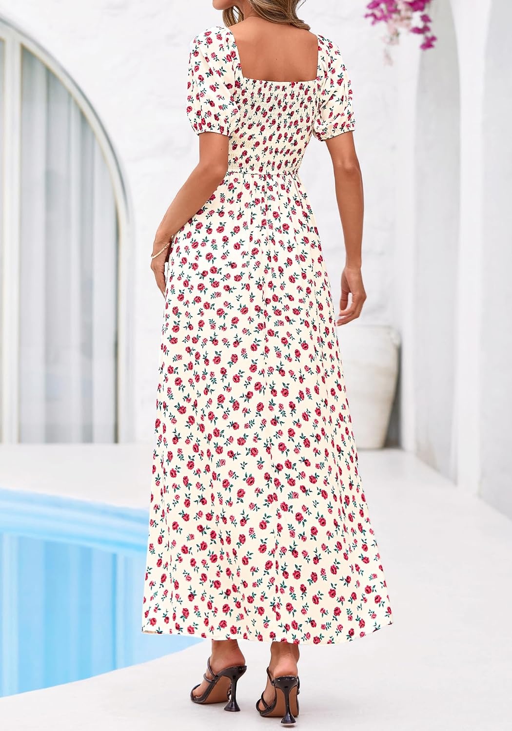 image:imageBTFBM Summer Maxi Dresses for Women Wedding Guest Spring Floral Boho Short Sleeve Smocked Beach Graduation Dress 2026Floral Apricot Rose Red