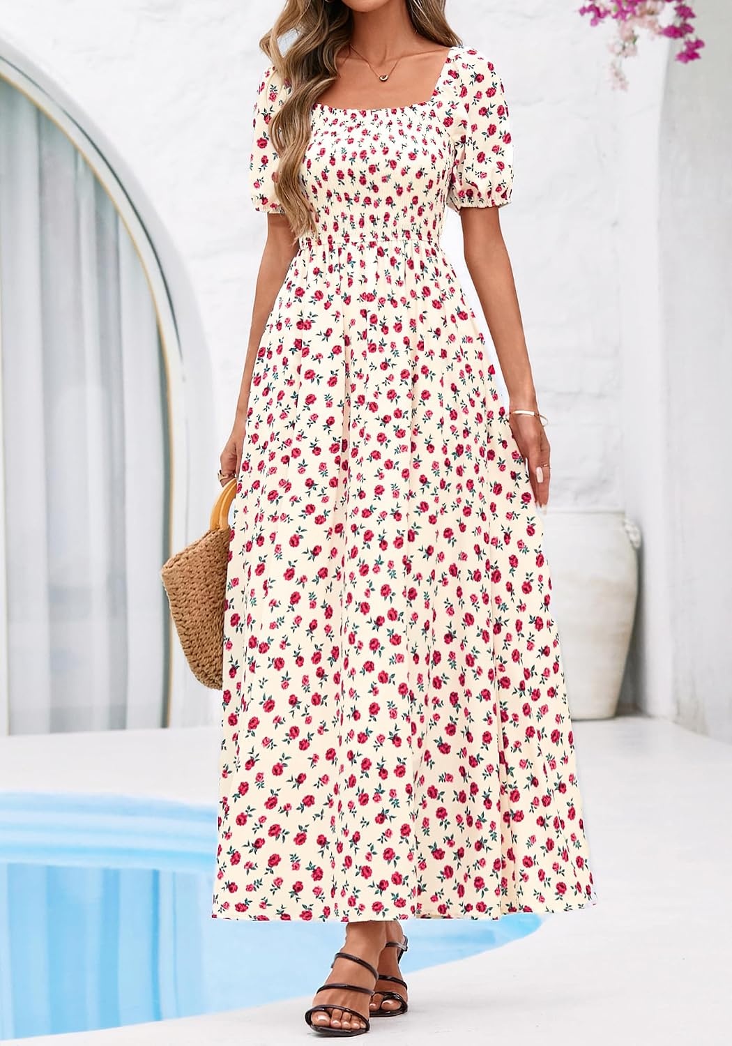 image:imageBTFBM Summer Maxi Dresses for Women Wedding Guest Spring Floral Boho Short Sleeve Smocked Beach Graduation Dress 2026Floral Apricot Rose Red