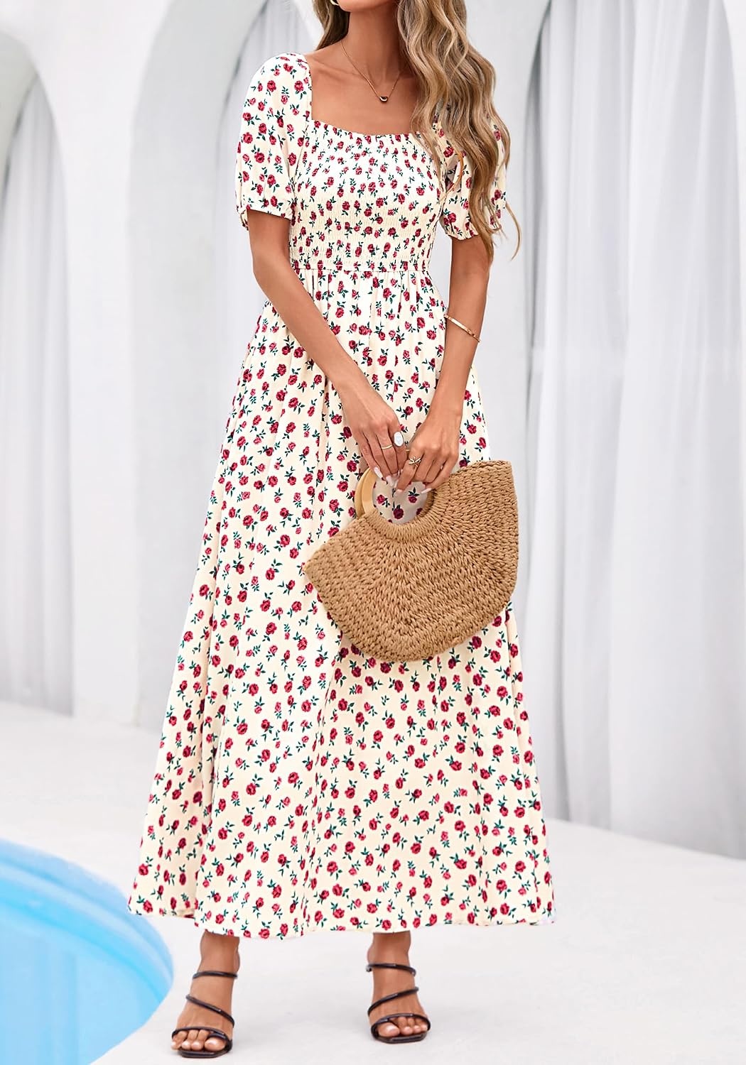 image:imageBTFBM Summer Maxi Dresses for Women Wedding Guest Spring Floral Boho Short Sleeve Smocked Beach Graduation Dress 2026Floral Apricot Rose Red