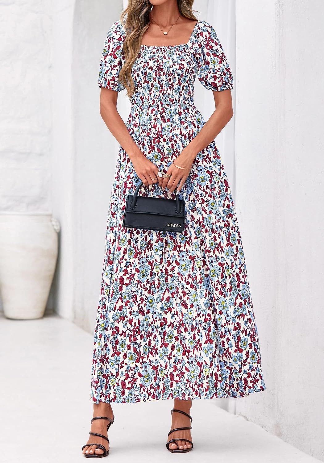 image:imageBTFBM Summer Maxi Dresses for Women Wedding Guest Spring Floral Boho Short Sleeve Smocked Beach Graduation Dress 2026Floral Beige Multi