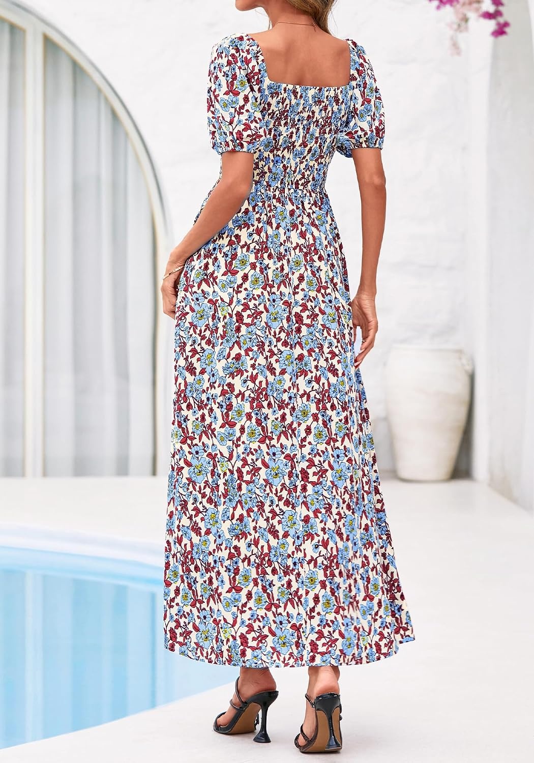 image:imageBTFBM Summer Maxi Dresses for Women Wedding Guest Spring Floral Boho Short Sleeve Smocked Beach Graduation Dress 2026Floral Beige Multi