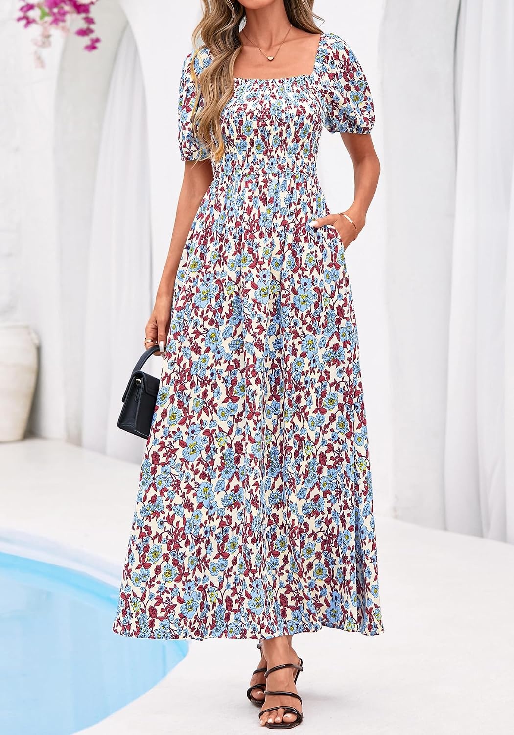 image:imageBTFBM Summer Maxi Dresses for Women Wedding Guest Spring Floral Boho Short Sleeve Smocked Beach Graduation Dress 2026Floral Beige Multi
