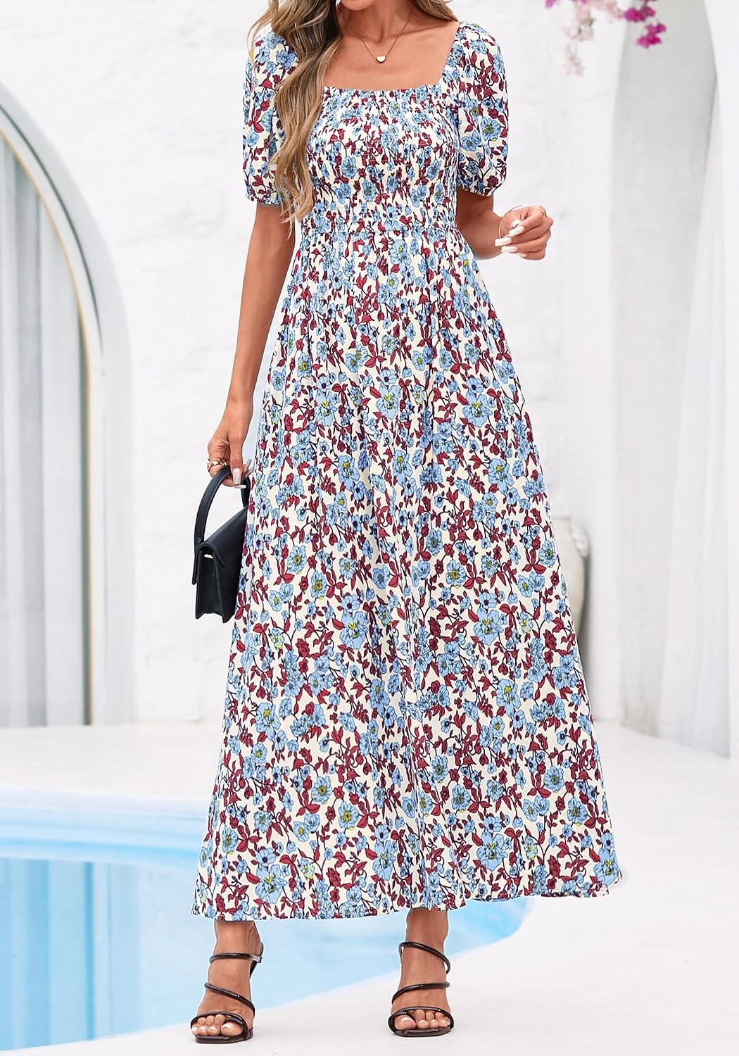 image:imageBTFBM Summer Maxi Dresses for Women Wedding Guest Spring Floral Boho Short Sleeve Smocked Beach Graduation Dress 2026Floral Beige Multi