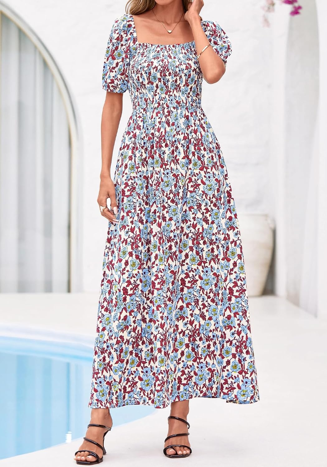 image:imageBTFBM Summer Maxi Dresses for Women Wedding Guest Spring Floral Boho Short Sleeve Smocked Beach Graduation Dress 2026Floral Beige Multi