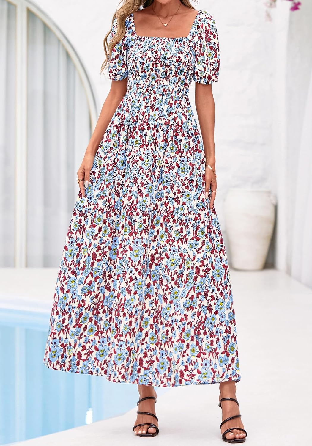 image:imageBTFBM Summer Maxi Dresses for Women Wedding Guest Spring Floral Boho Short Sleeve Smocked Beach Graduation Dress 2026Floral Beige Multi