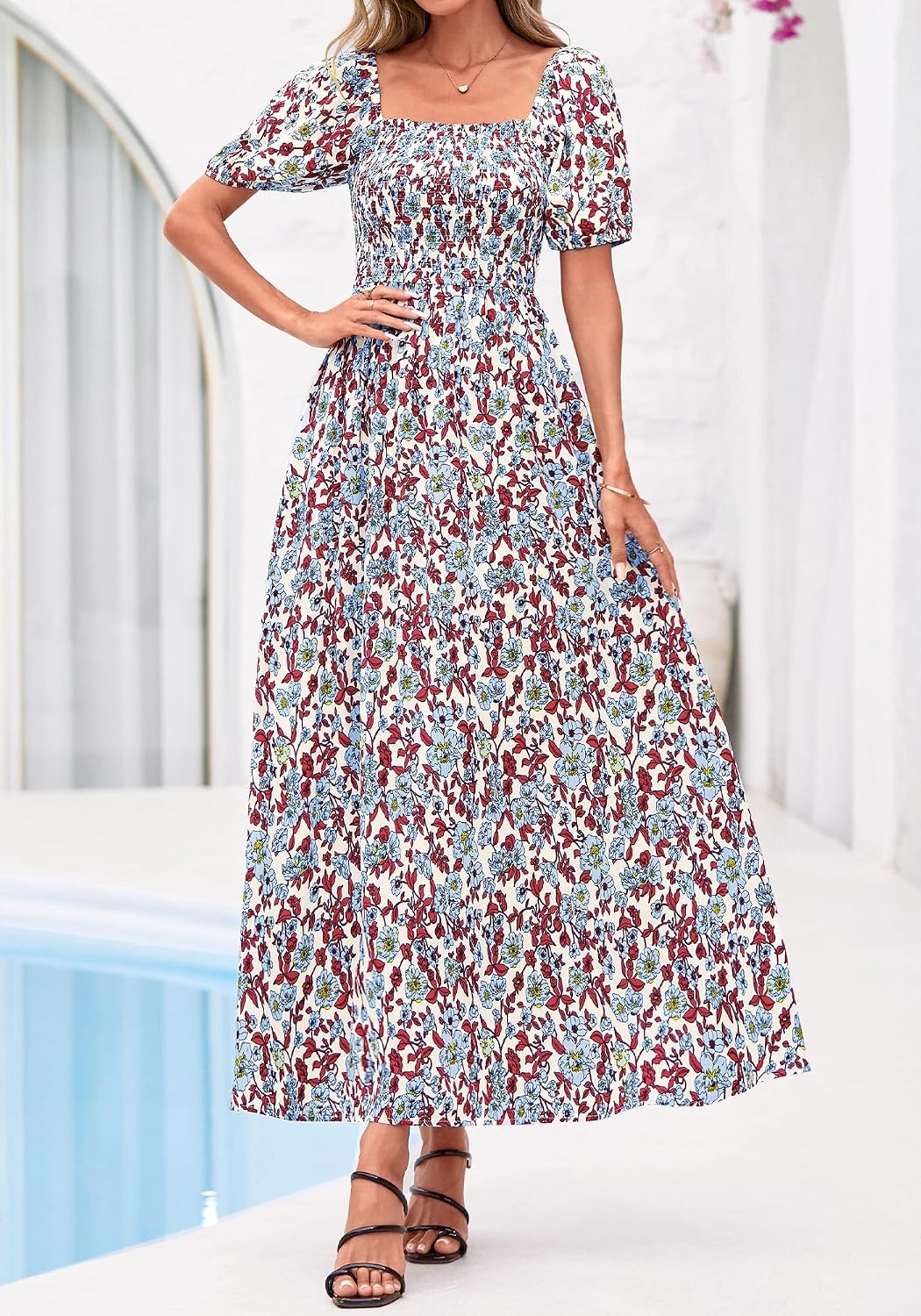 image:imageBTFBM Summer Maxi Dresses for Women Wedding Guest Spring Floral Boho Short Sleeve Smocked Beach Graduation Dress 2026Floral Beige Multi