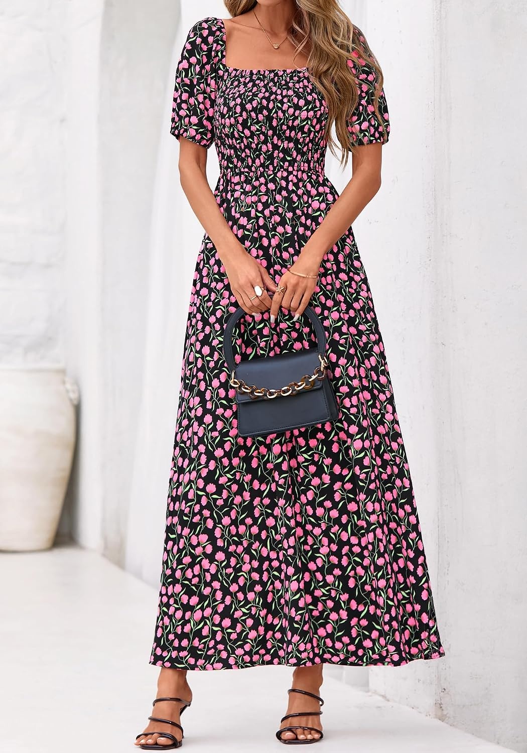 image:imageBTFBM Summer Maxi Dresses for Women Wedding Guest Spring Floral Boho Short Sleeve Smocked Beach Graduation Dress 2026Floral Black Pink