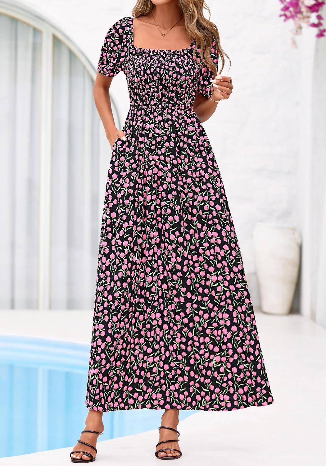 image:imageBTFBM Summer Maxi Dresses for Women Wedding Guest Spring Floral Boho Short Sleeve Smocked Beach Graduation Dress 2026Floral Black Pink