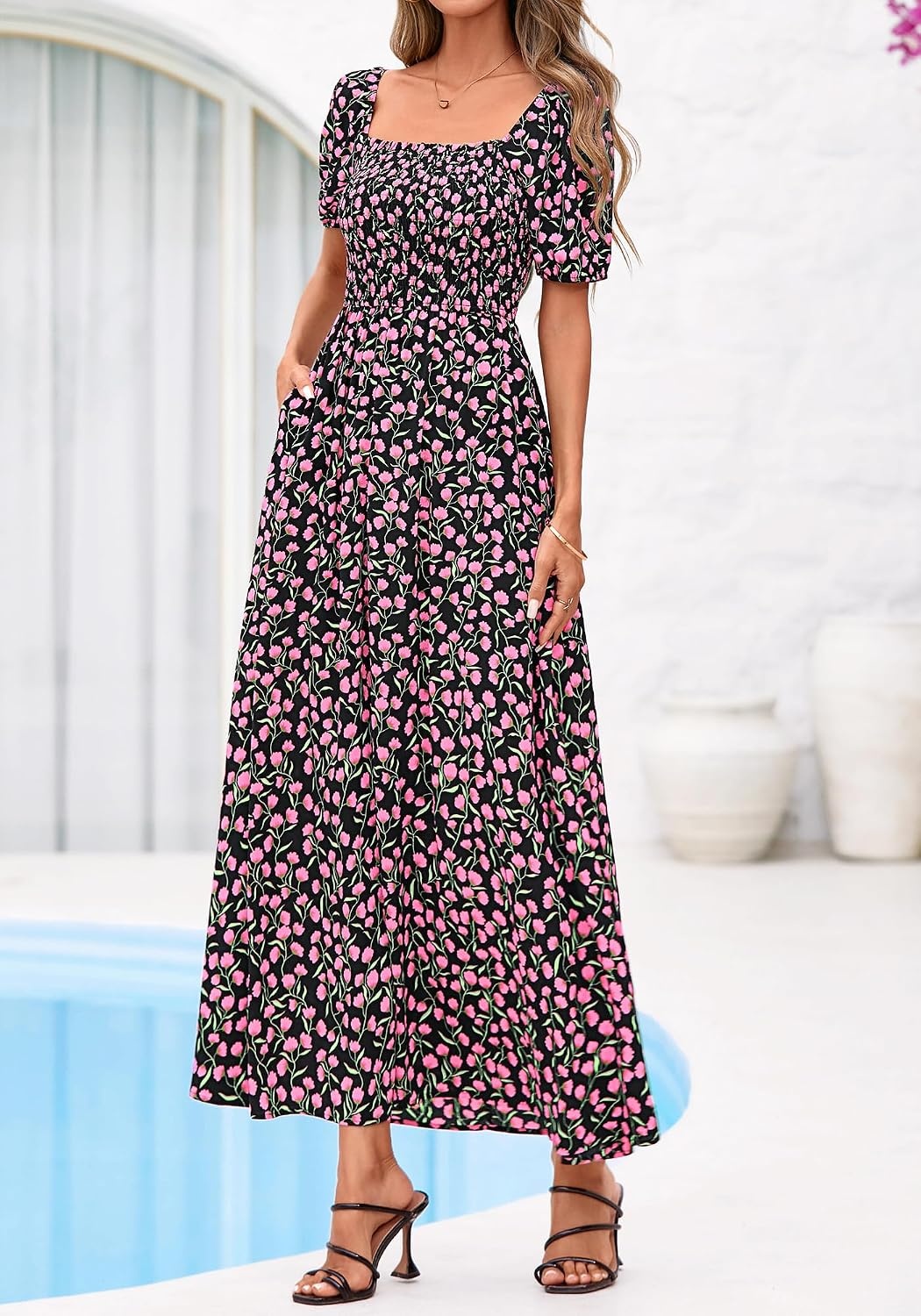 image:imageBTFBM Summer Maxi Dresses for Women Wedding Guest Spring Floral Boho Short Sleeve Smocked Beach Graduation Dress 2026Floral Black Pink