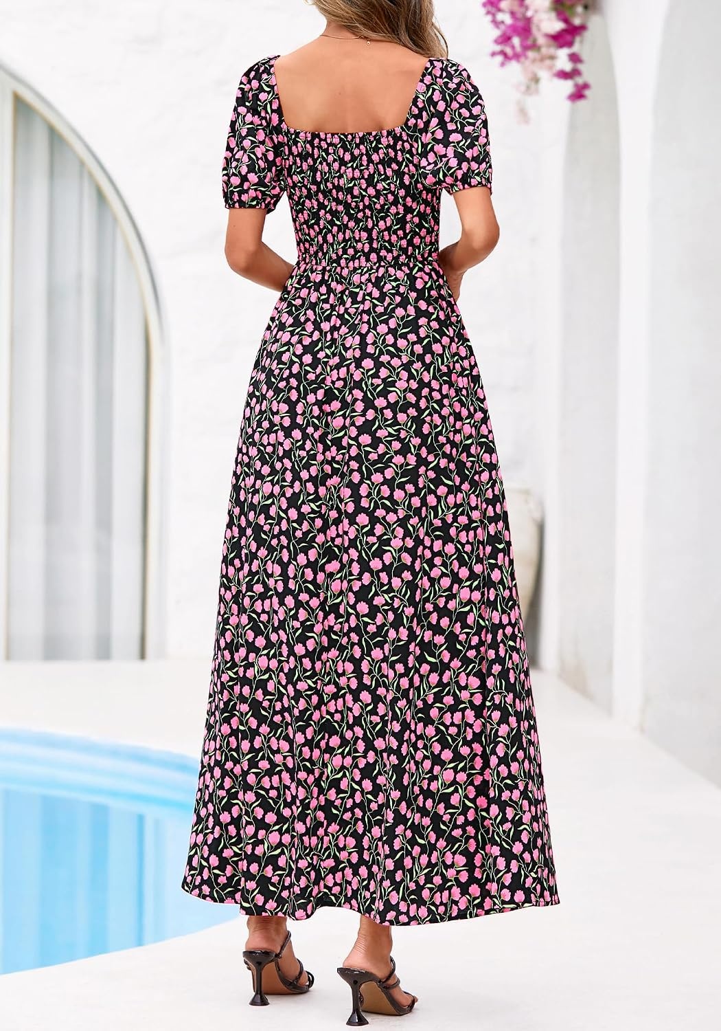image:imageBTFBM Summer Maxi Dresses for Women Wedding Guest Spring Floral Boho Short Sleeve Smocked Beach Graduation Dress 2026Floral Black Pink
