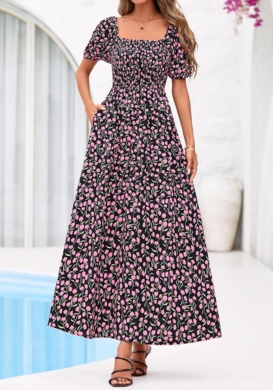 image:imageBTFBM Summer Maxi Dresses for Women Wedding Guest Spring Floral Boho Short Sleeve Smocked Beach Graduation Dress 2026Floral Black Pink
