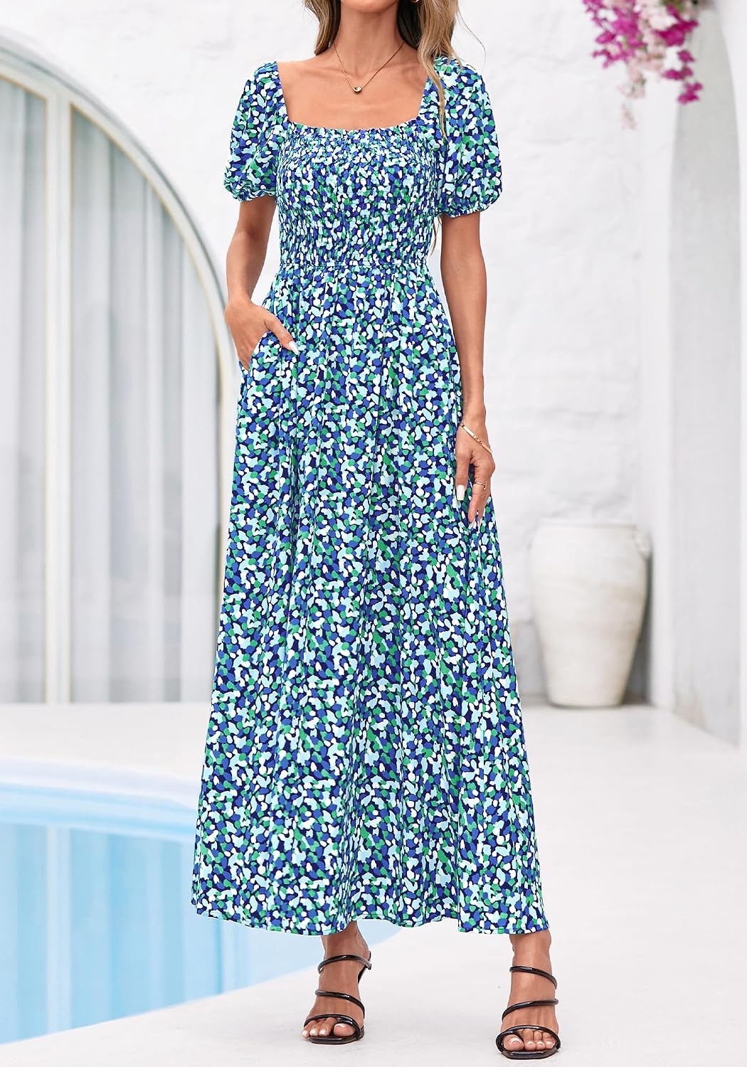image:imageBTFBM Summer Maxi Dresses for Women Wedding Guest Spring Floral Boho Short Sleeve Smocked Beach Graduation Dress 2026Floral Blue Green