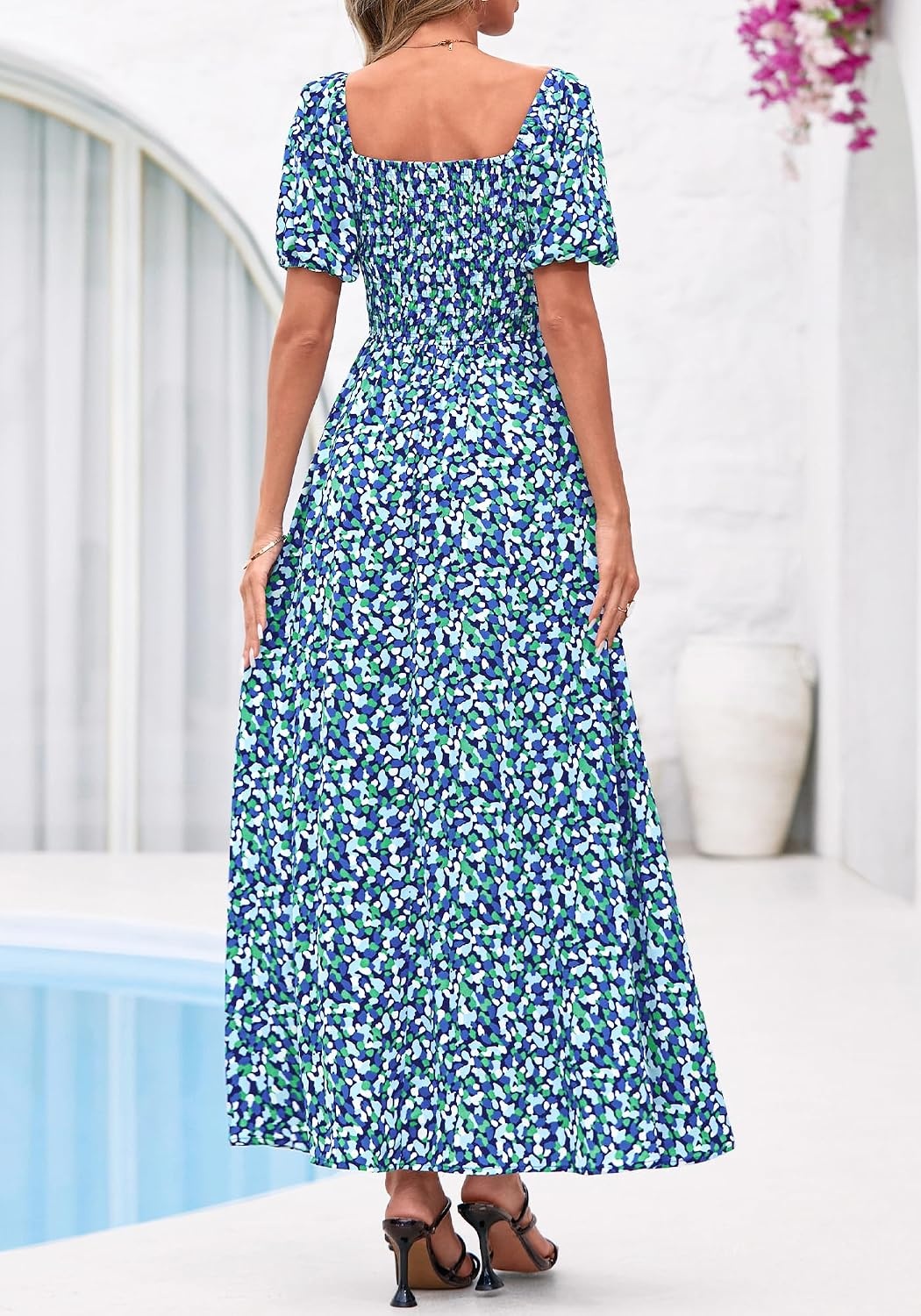 image:imageBTFBM Summer Maxi Dresses for Women Wedding Guest Spring Floral Boho Short Sleeve Smocked Beach Graduation Dress 2026Floral Blue Green