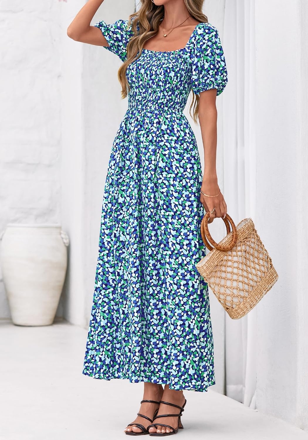 image:imageBTFBM Summer Maxi Dresses for Women Wedding Guest Spring Floral Boho Short Sleeve Smocked Beach Graduation Dress 2026Floral Blue Green