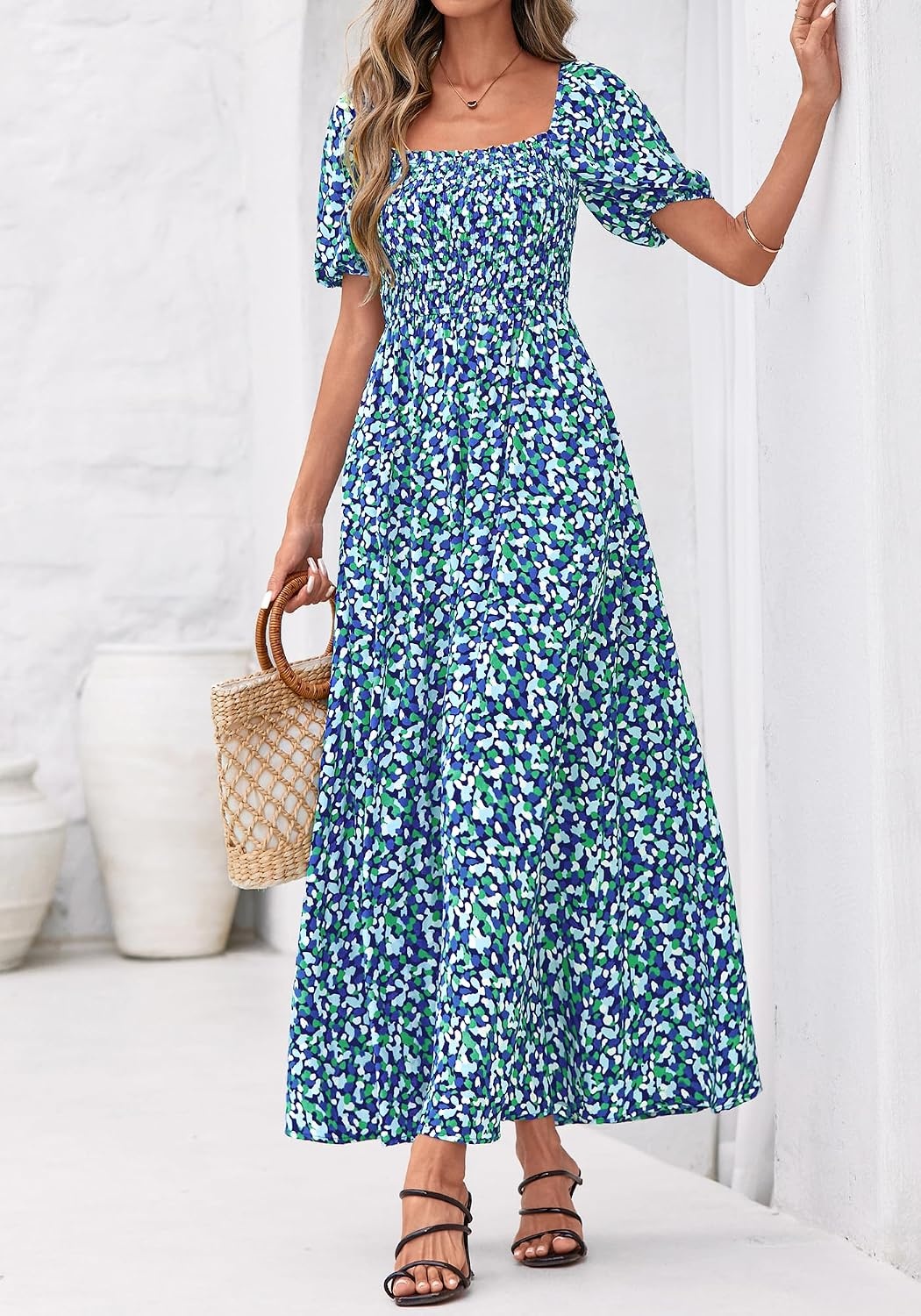 image:imageBTFBM Summer Maxi Dresses for Women Wedding Guest Spring Floral Boho Short Sleeve Smocked Beach Graduation Dress 2026Floral Blue Green