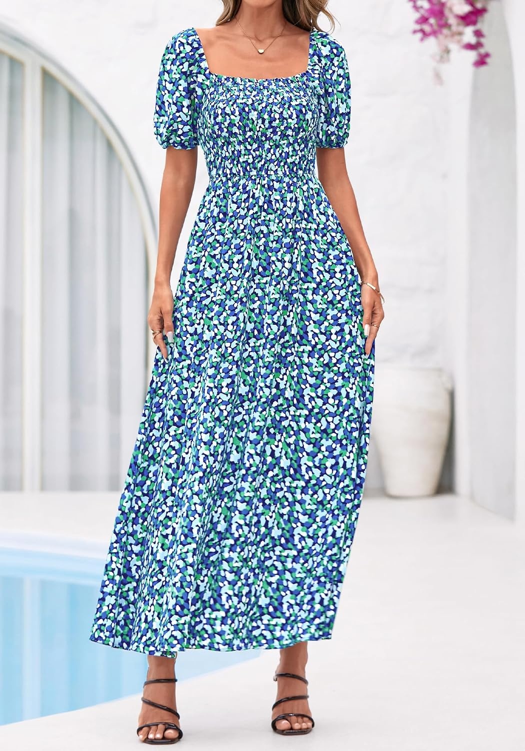 image:imageBTFBM Summer Maxi Dresses for Women Wedding Guest Spring Floral Boho Short Sleeve Smocked Beach Graduation Dress 2026Floral Blue Green