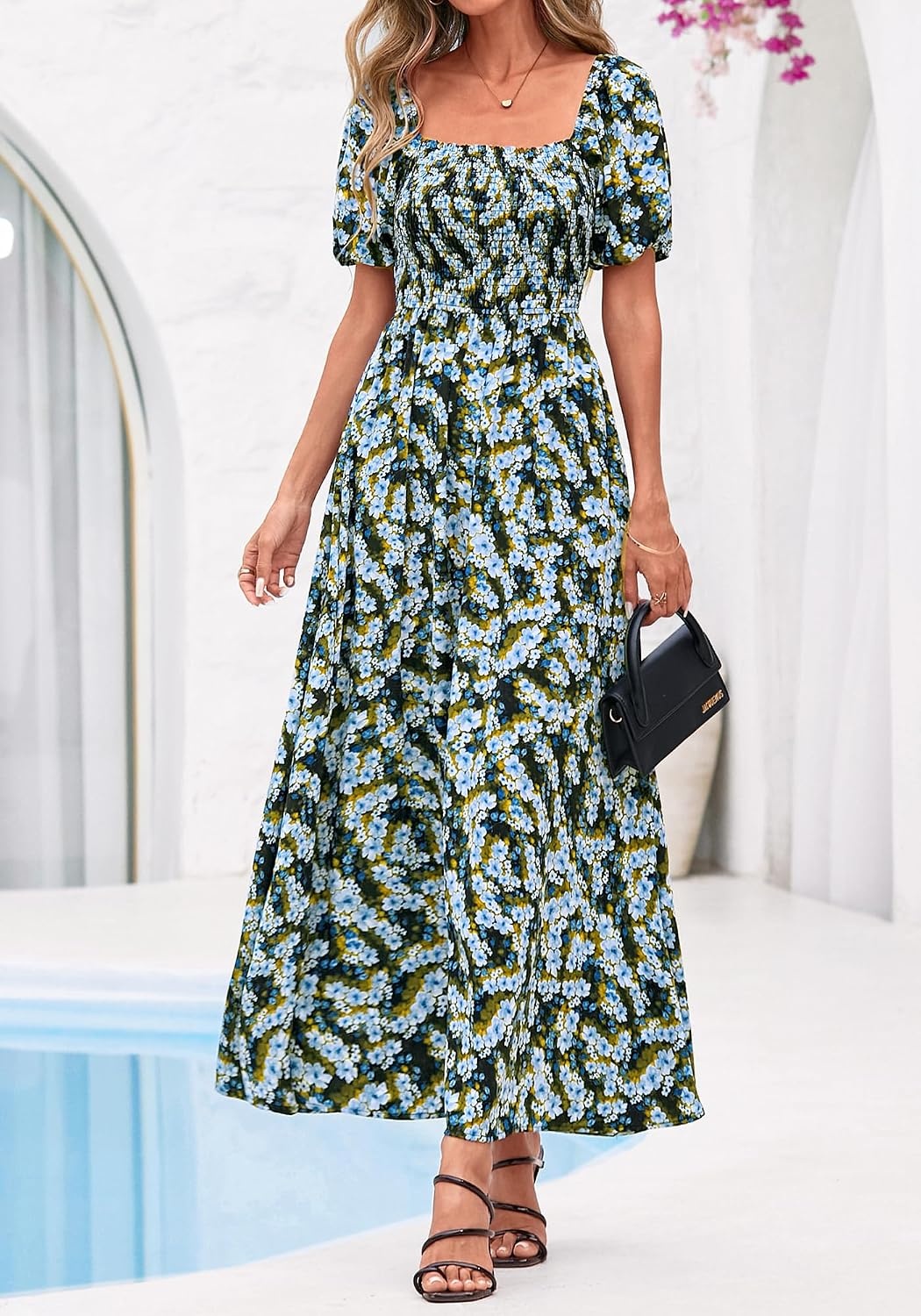 image:imageBTFBM Summer Maxi Dresses for Women Wedding Guest Spring Floral Boho Short Sleeve Smocked Beach Graduation Dress 2026Floral Blue Yellow
