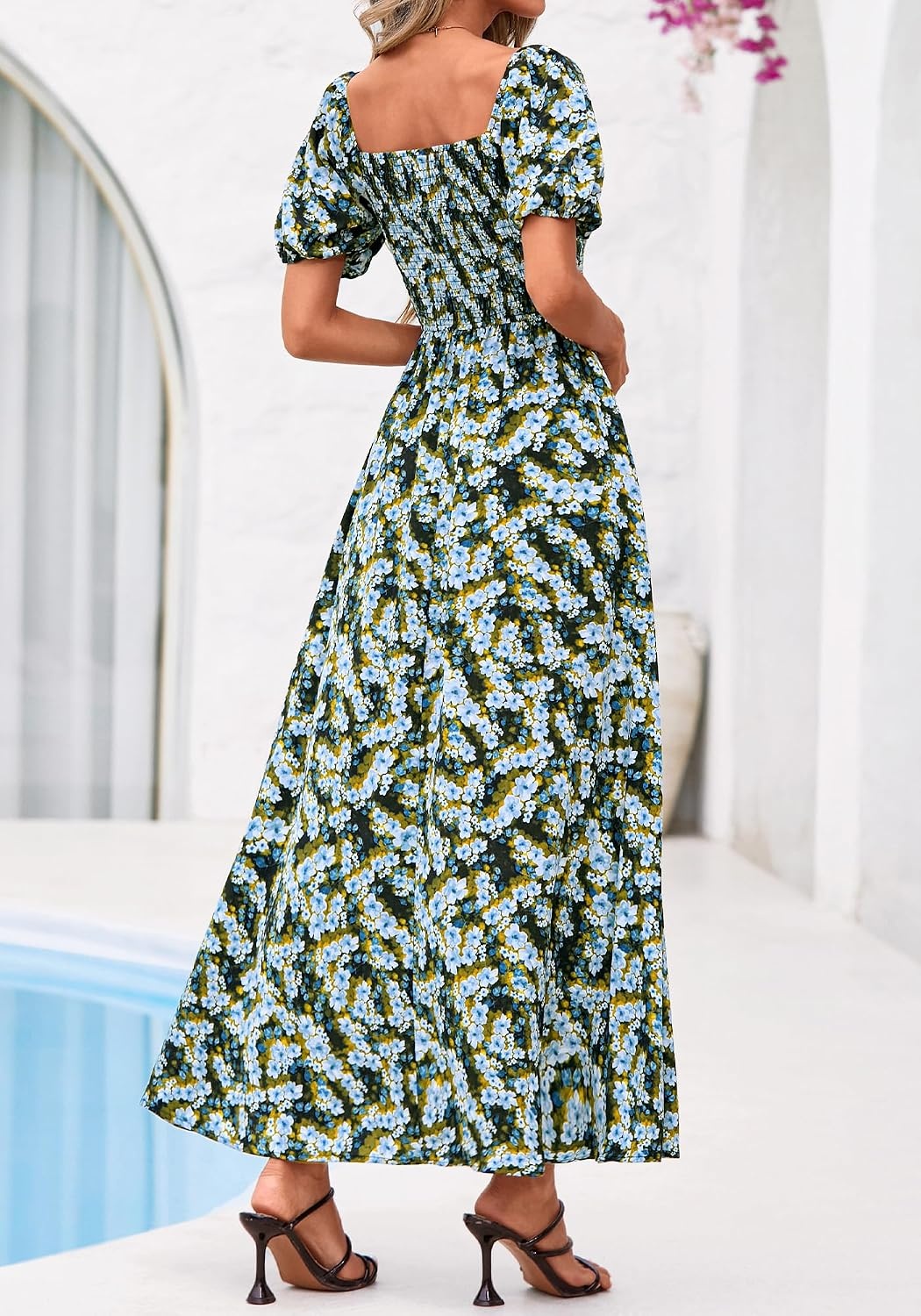 image:imageBTFBM Summer Maxi Dresses for Women Wedding Guest Spring Floral Boho Short Sleeve Smocked Beach Graduation Dress 2026Floral Blue Yellow