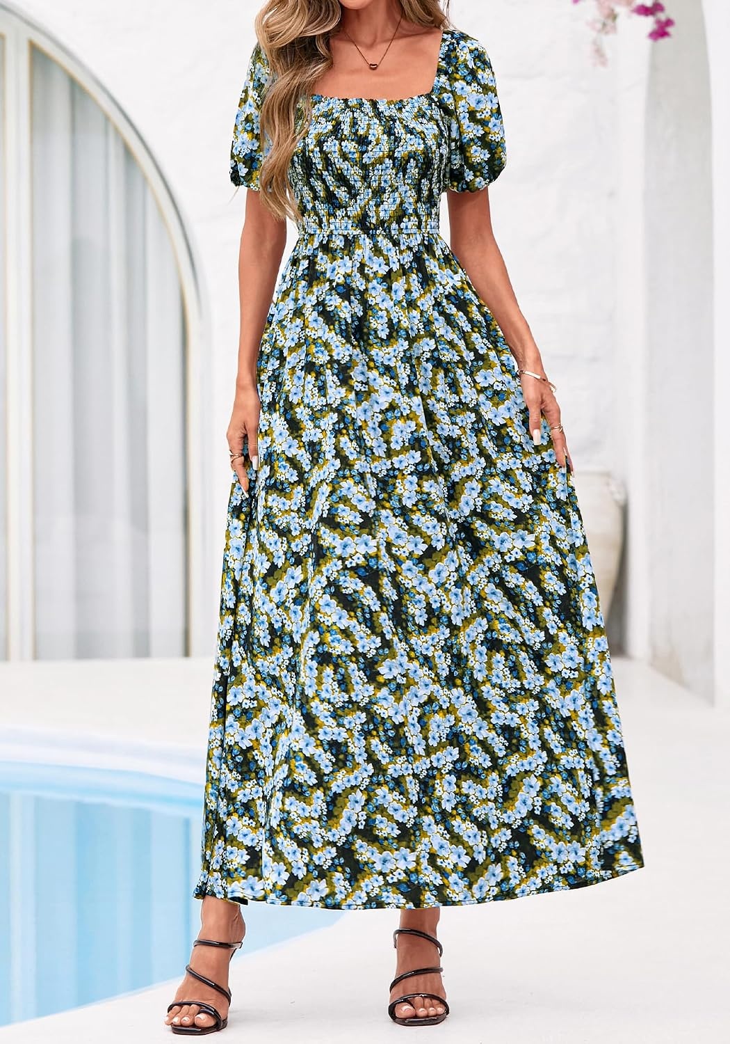 image:imageBTFBM Summer Maxi Dresses for Women Wedding Guest Spring Floral Boho Short Sleeve Smocked Beach Graduation Dress 2026Floral Blue Yellow