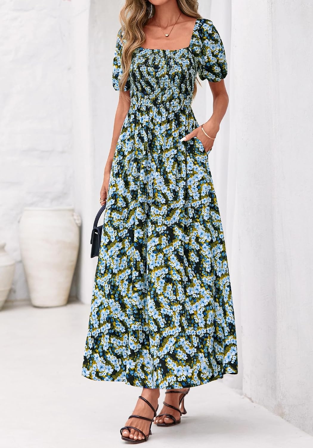 image:imageBTFBM Summer Maxi Dresses for Women Wedding Guest Spring Floral Boho Short Sleeve Smocked Beach Graduation Dress 2026Floral Blue Yellow