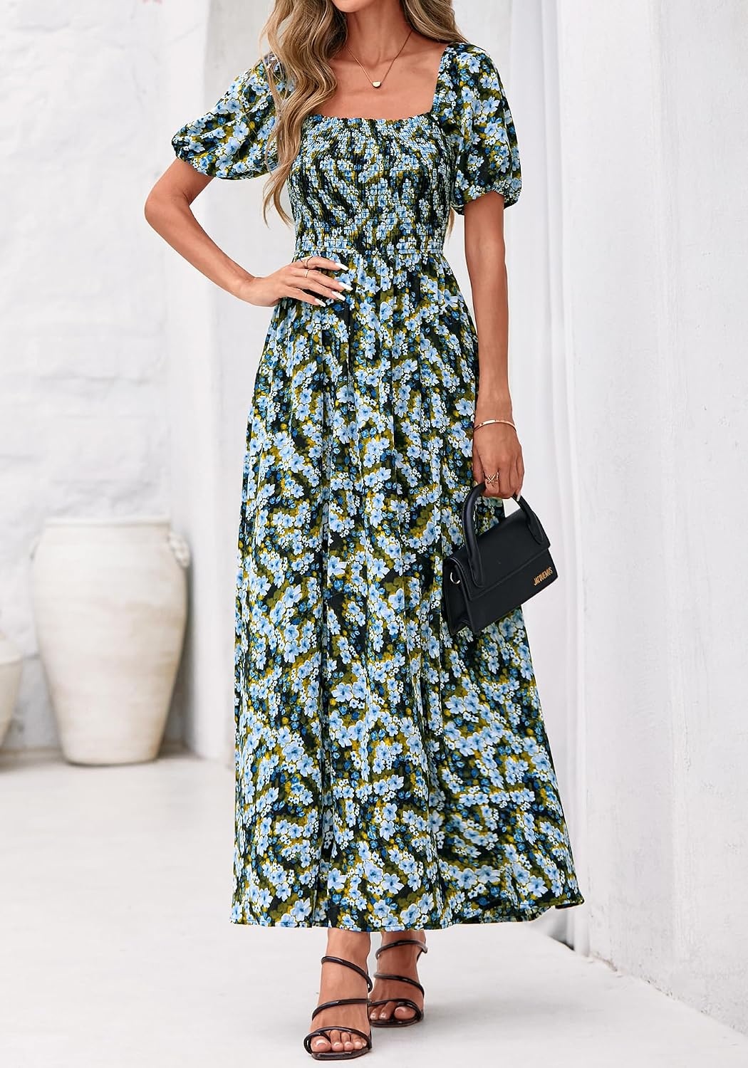 image:imageBTFBM Summer Maxi Dresses for Women Wedding Guest Spring Floral Boho Short Sleeve Smocked Beach Graduation Dress 2026Floral Blue Yellow