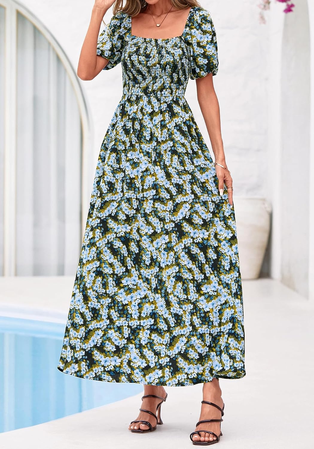 image:imageBTFBM Summer Maxi Dresses for Women Wedding Guest Spring Floral Boho Short Sleeve Smocked Beach Graduation Dress 2026Floral Blue Yellow