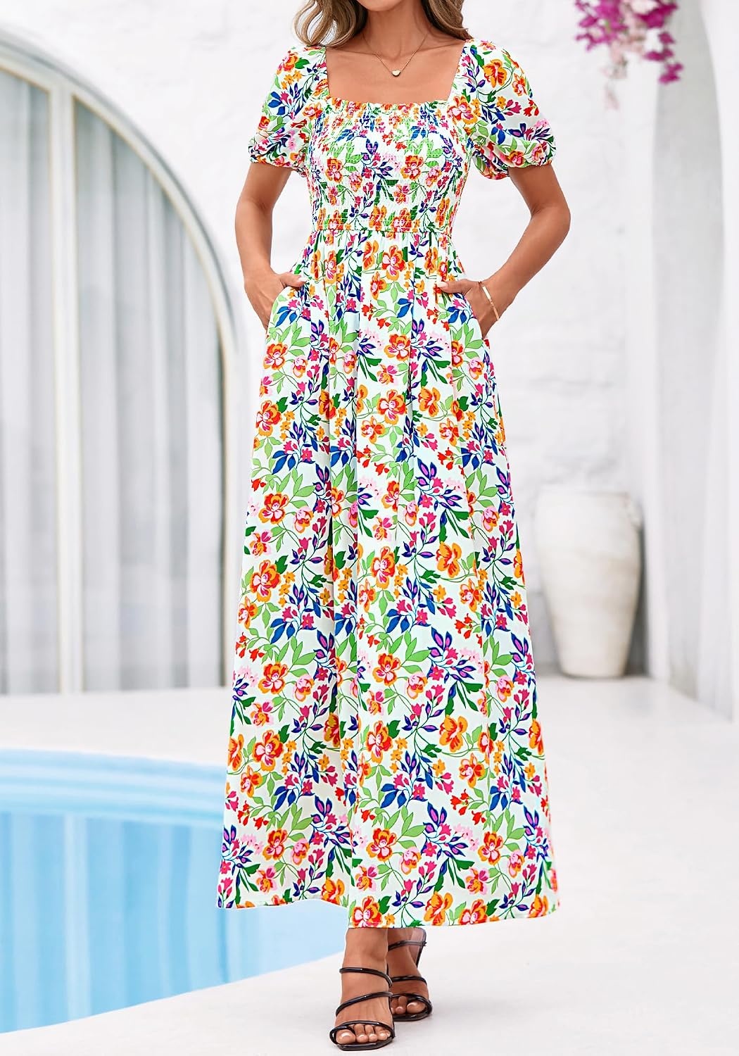 image:imageBTFBM Summer Maxi Dresses for Women Wedding Guest Spring Floral Boho Short Sleeve Smocked Beach Graduation Dress 2026Floral Light Green Multi