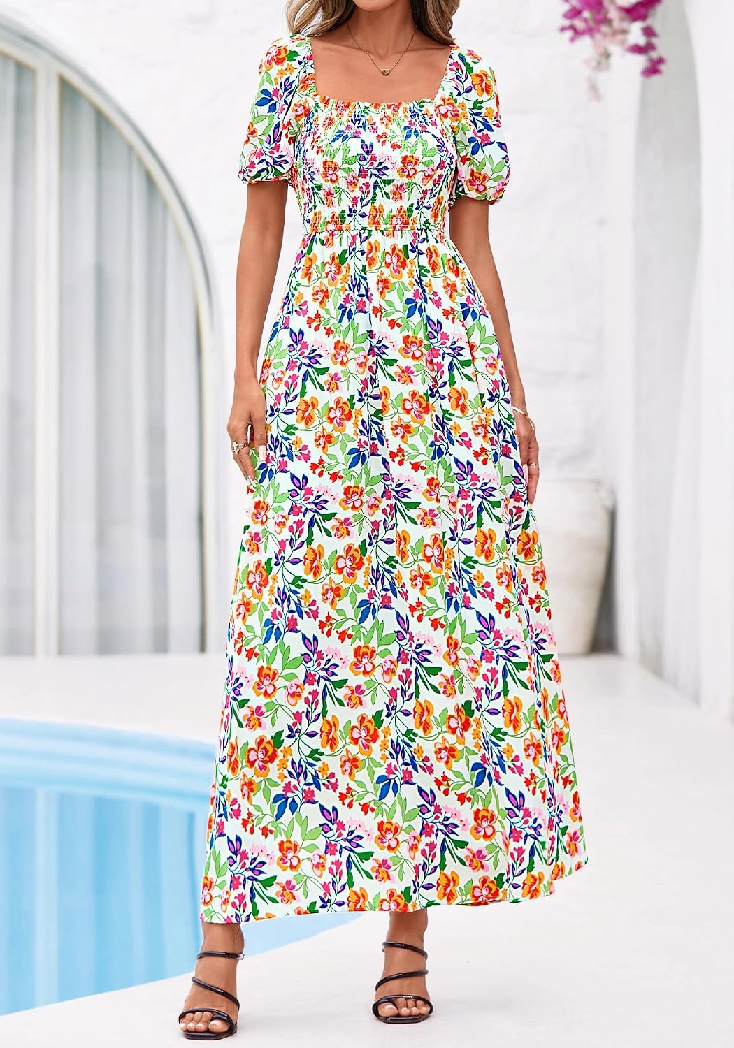 image:imageBTFBM Summer Maxi Dresses for Women Wedding Guest Spring Floral Boho Short Sleeve Smocked Beach Graduation Dress 2026Floral Light Green Multi