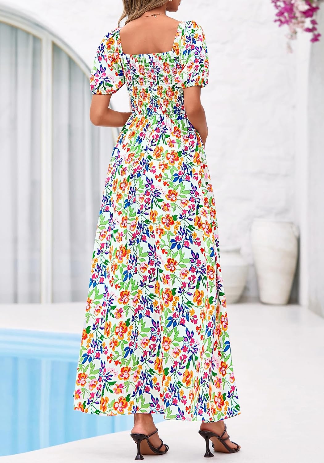 image:imageBTFBM Summer Maxi Dresses for Women Wedding Guest Spring Floral Boho Short Sleeve Smocked Beach Graduation Dress 2026Floral Light Green Multi