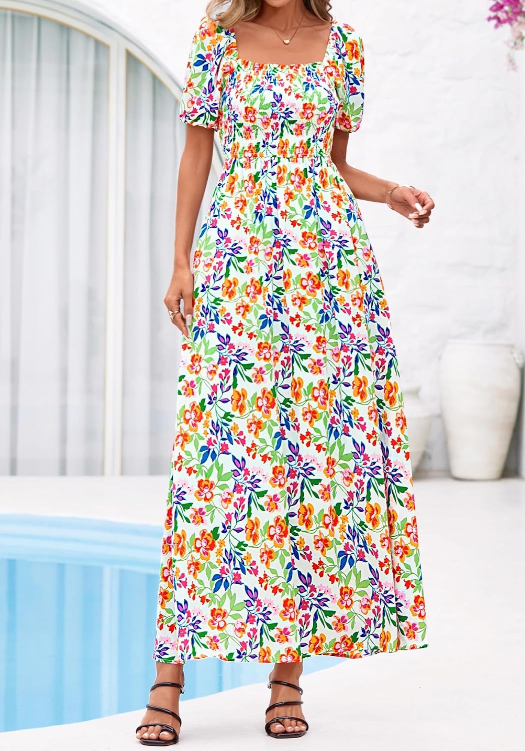 image:imageBTFBM Summer Maxi Dresses for Women Wedding Guest Spring Floral Boho Short Sleeve Smocked Beach Graduation Dress 2026Floral Light Green Multi
