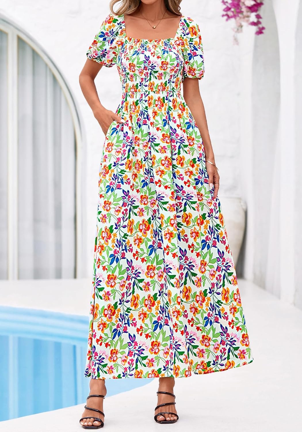 image:imageBTFBM Summer Maxi Dresses for Women Wedding Guest Spring Floral Boho Short Sleeve Smocked Beach Graduation Dress 2026Floral Light Green Multi