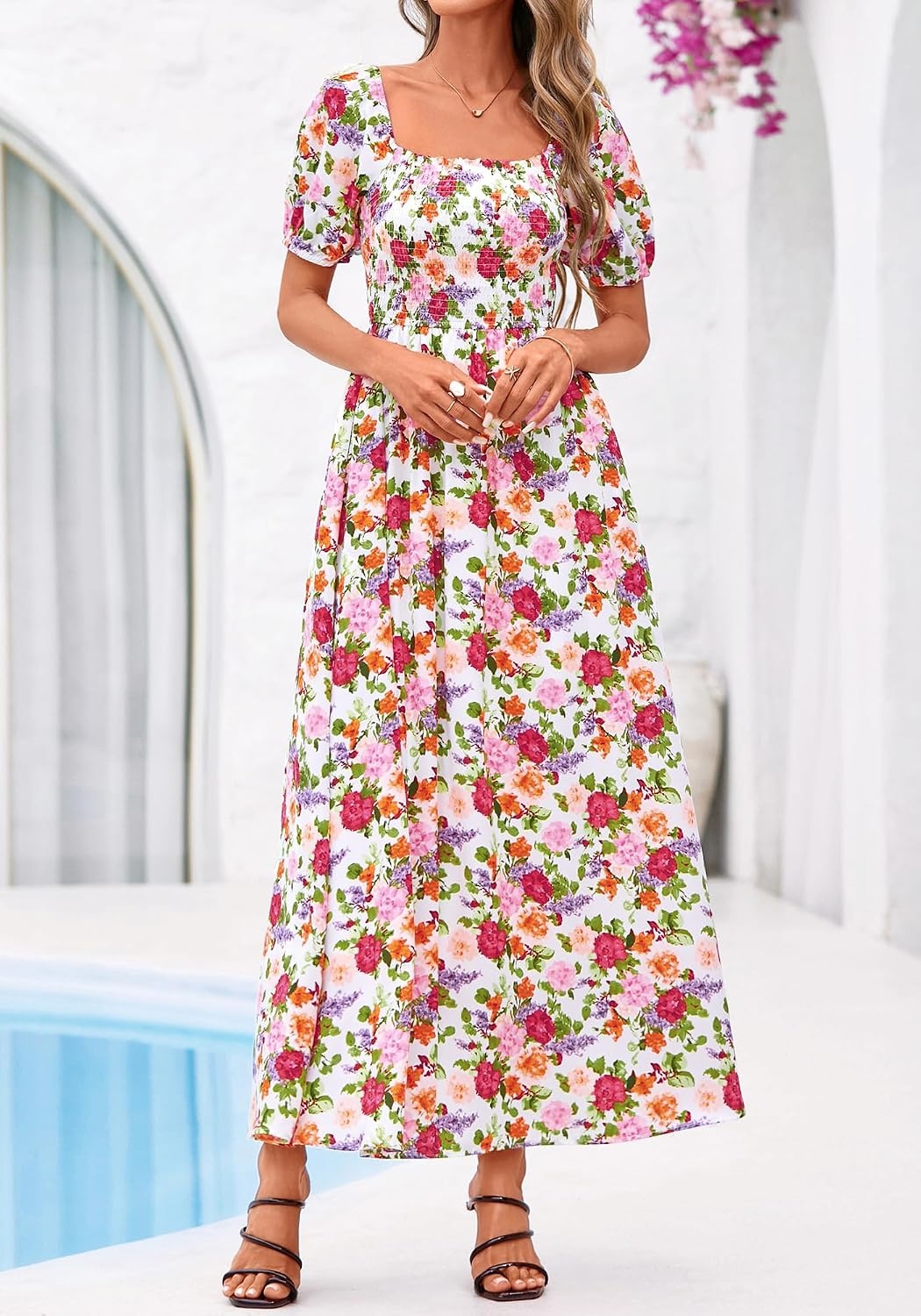 image:imageBTFBM Summer Maxi Dresses for Women Wedding Guest Spring Floral Boho Short Sleeve Smocked Beach Graduation Dress 2026Floral White Multi