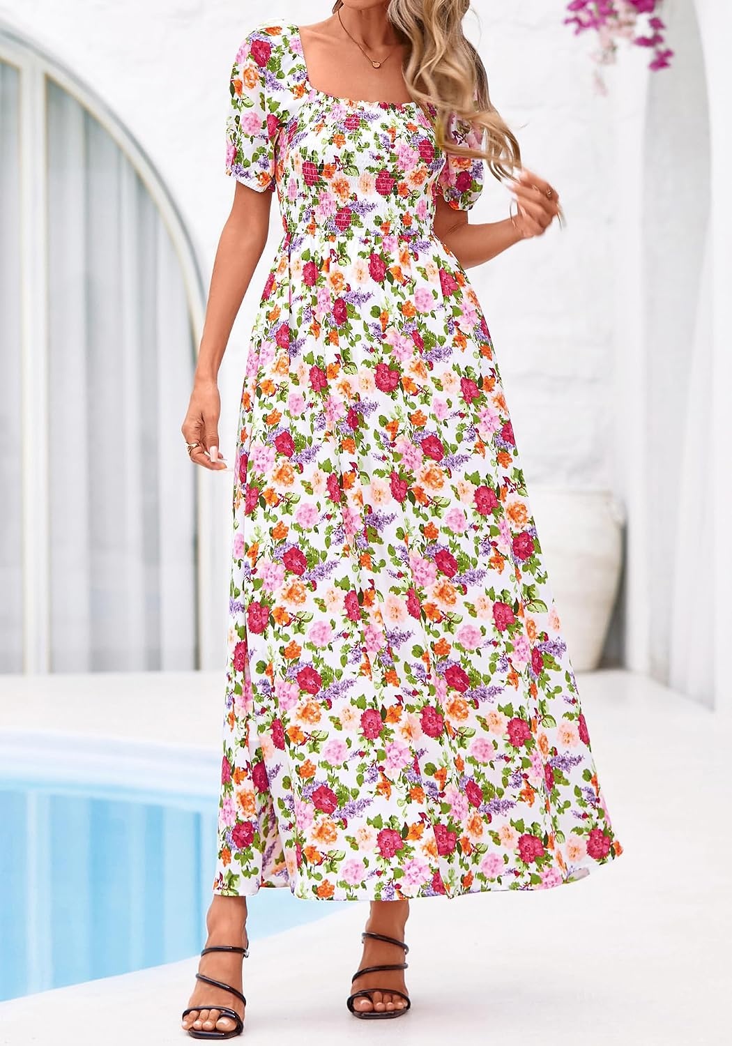 image:imageBTFBM Summer Maxi Dresses for Women Wedding Guest Spring Floral Boho Short Sleeve Smocked Beach Graduation Dress 2026Floral White Multi
