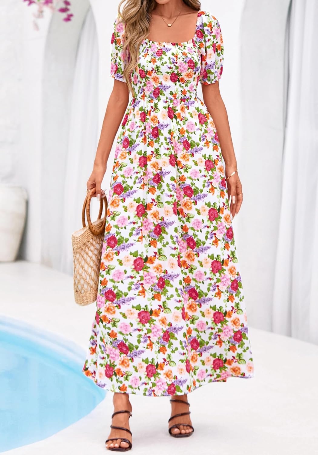 image:imageBTFBM Summer Maxi Dresses for Women Wedding Guest Spring Floral Boho Short Sleeve Smocked Beach Graduation Dress 2026Floral White Multi