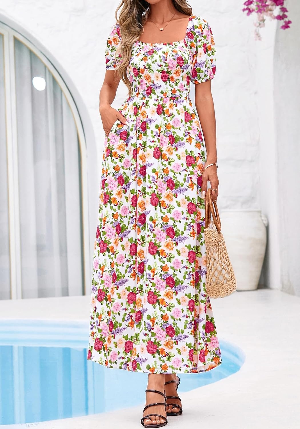 image:imageBTFBM Summer Maxi Dresses for Women Wedding Guest Spring Floral Boho Short Sleeve Smocked Beach Graduation Dress 2026Floral White Multi