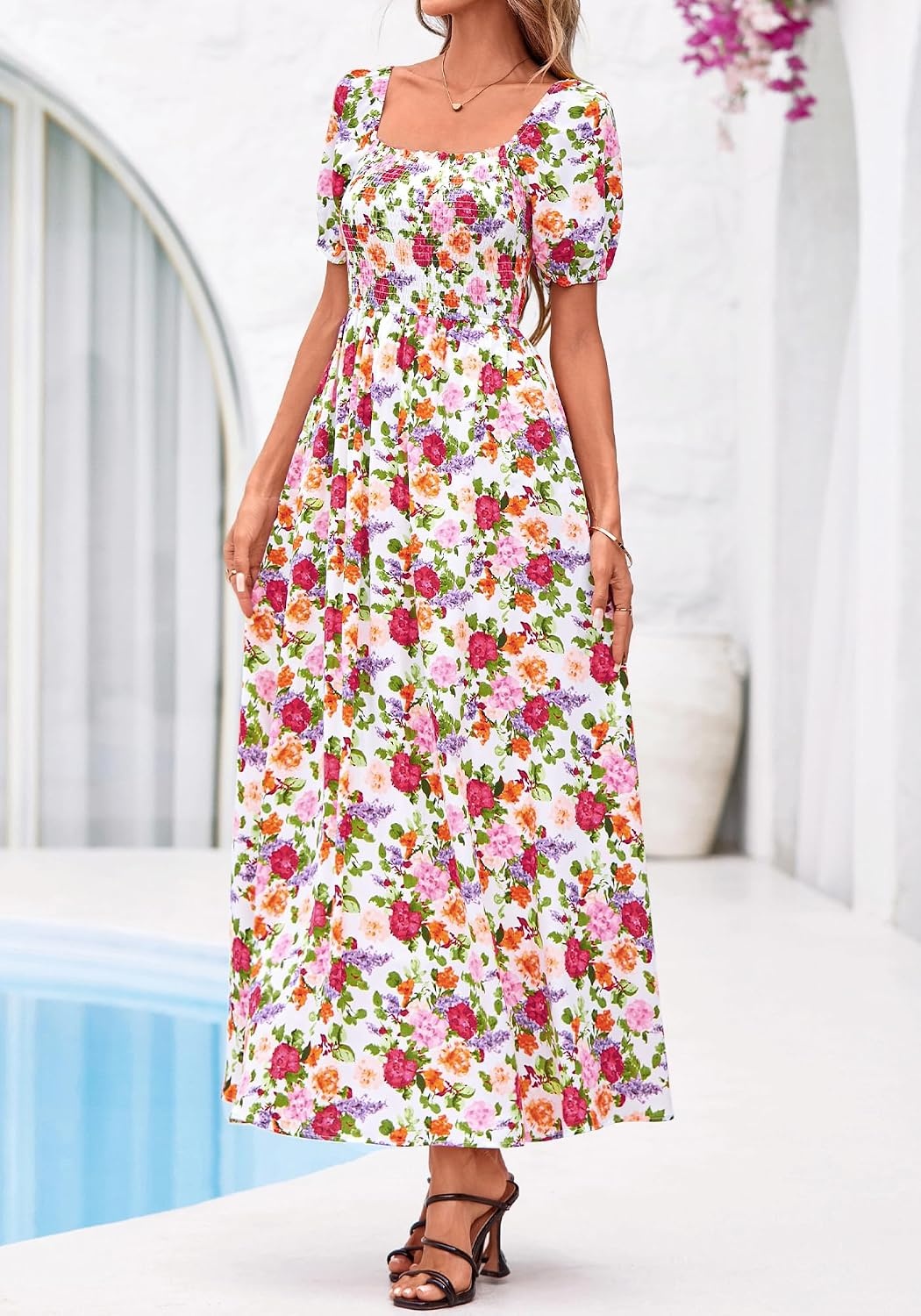 image:imageBTFBM Summer Maxi Dresses for Women Wedding Guest Spring Floral Boho Short Sleeve Smocked Beach Graduation Dress 2026Floral White Multi