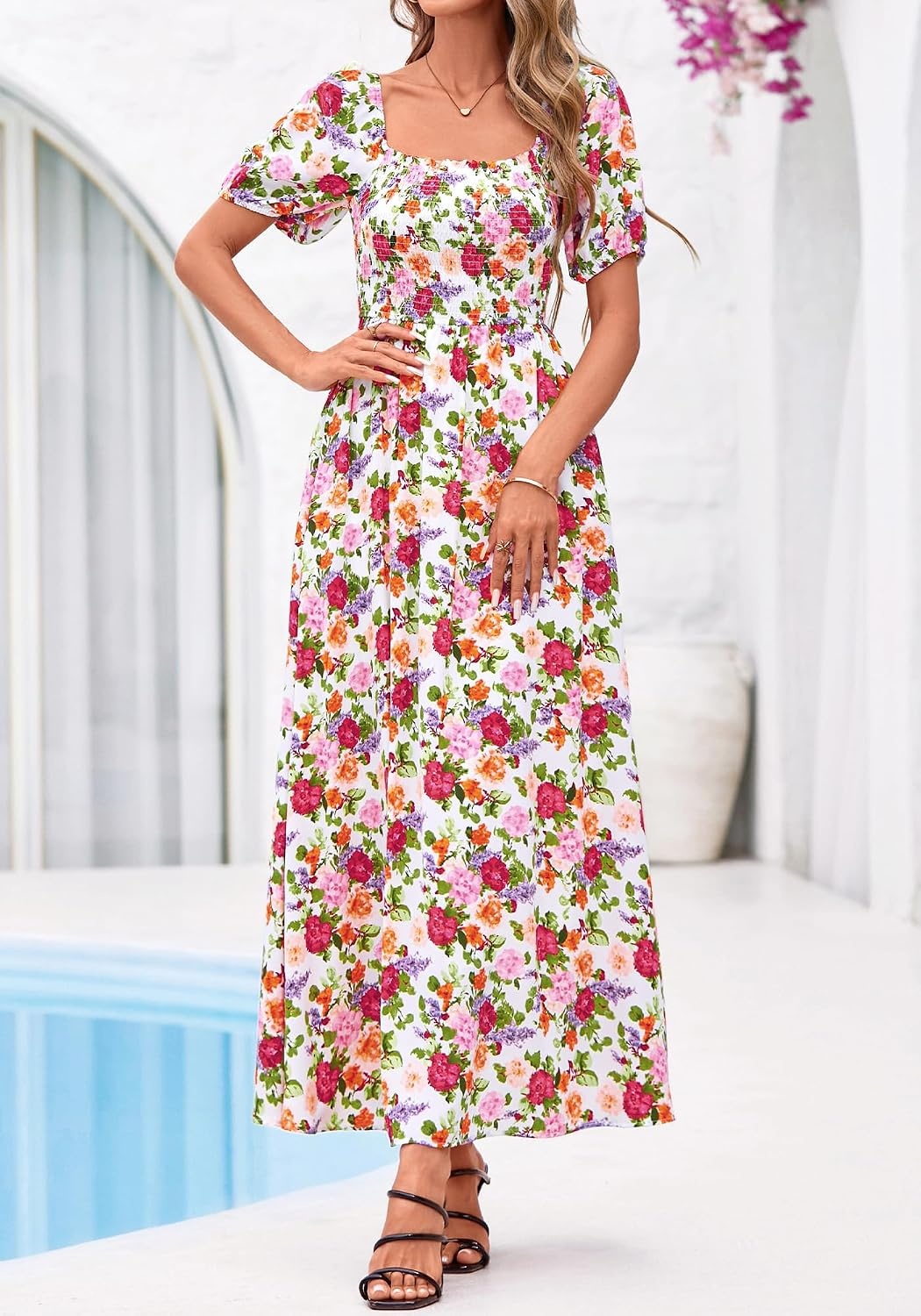 image:imageBTFBM Summer Maxi Dresses for Women Wedding Guest Spring Floral Boho Short Sleeve Smocked Beach Graduation Dress 2026Floral White Multi