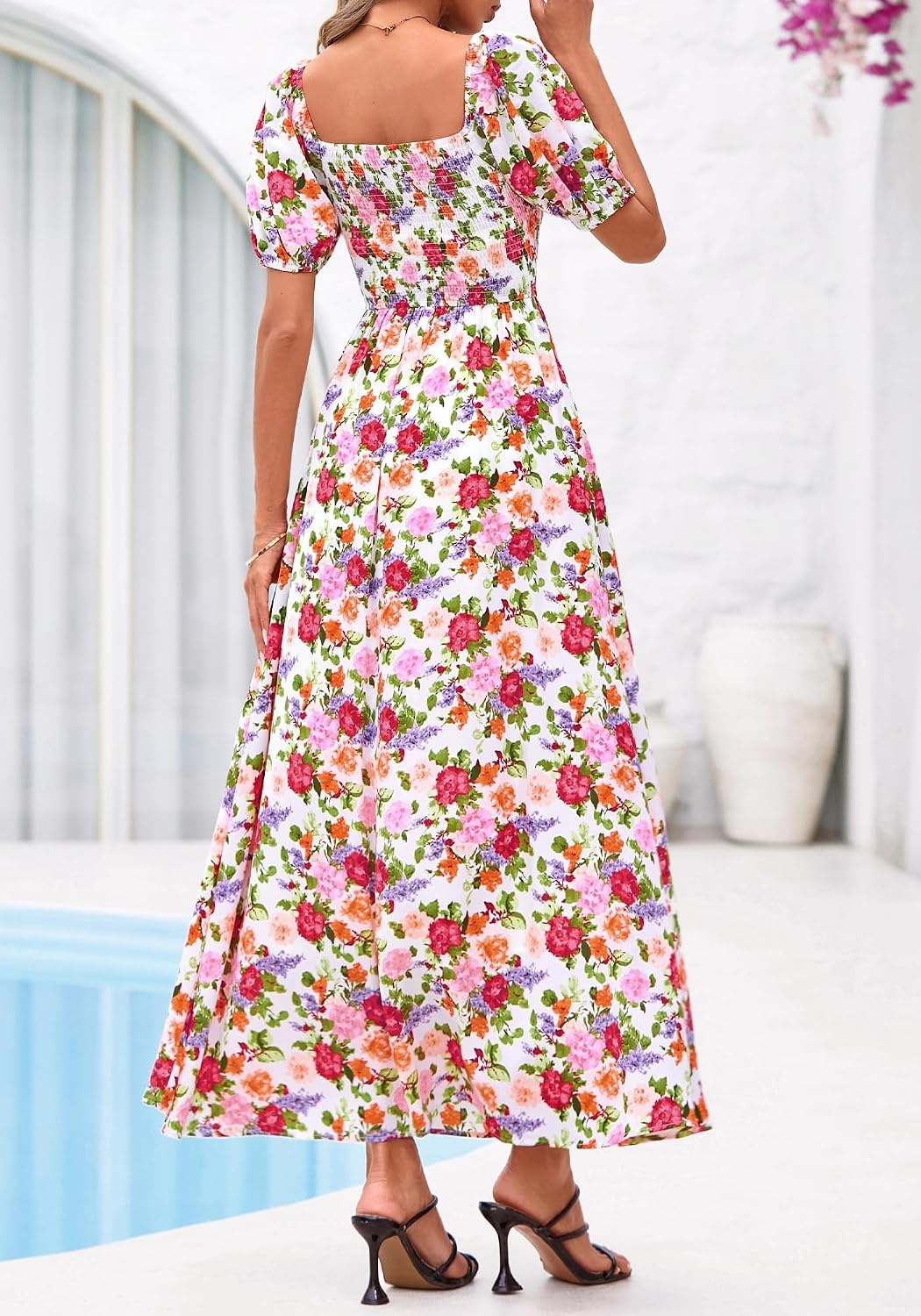 image:imageBTFBM Summer Maxi Dresses for Women Wedding Guest Spring Floral Boho Short Sleeve Smocked Beach Graduation Dress 2026Floral White Multi